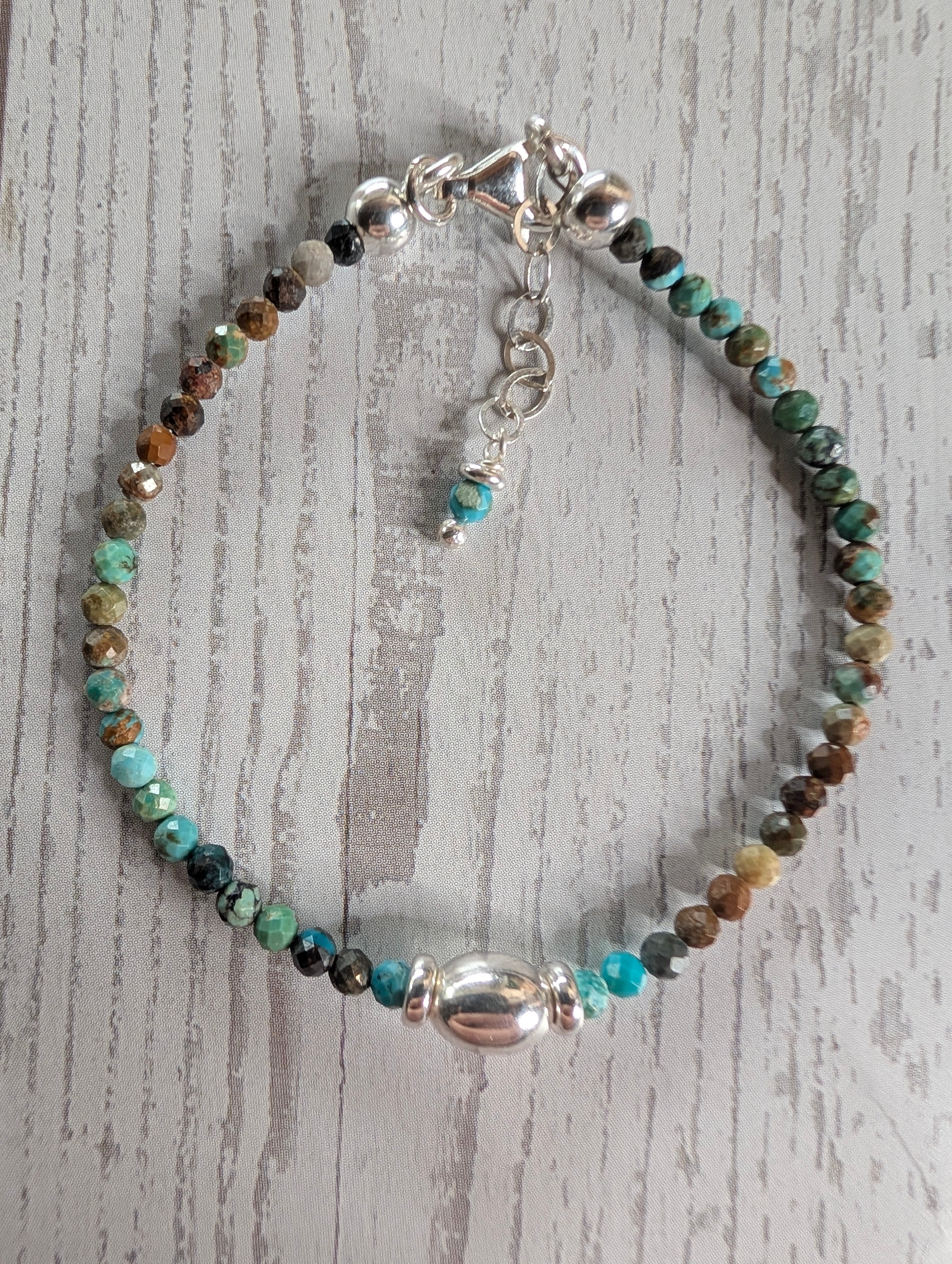 Turquoise Multicolor Stone Beaded Sterling Silver Stretch Bracelet