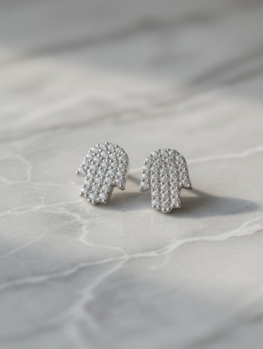 Sterling Silver CZ Hamsa Hand Of Protection Earrings