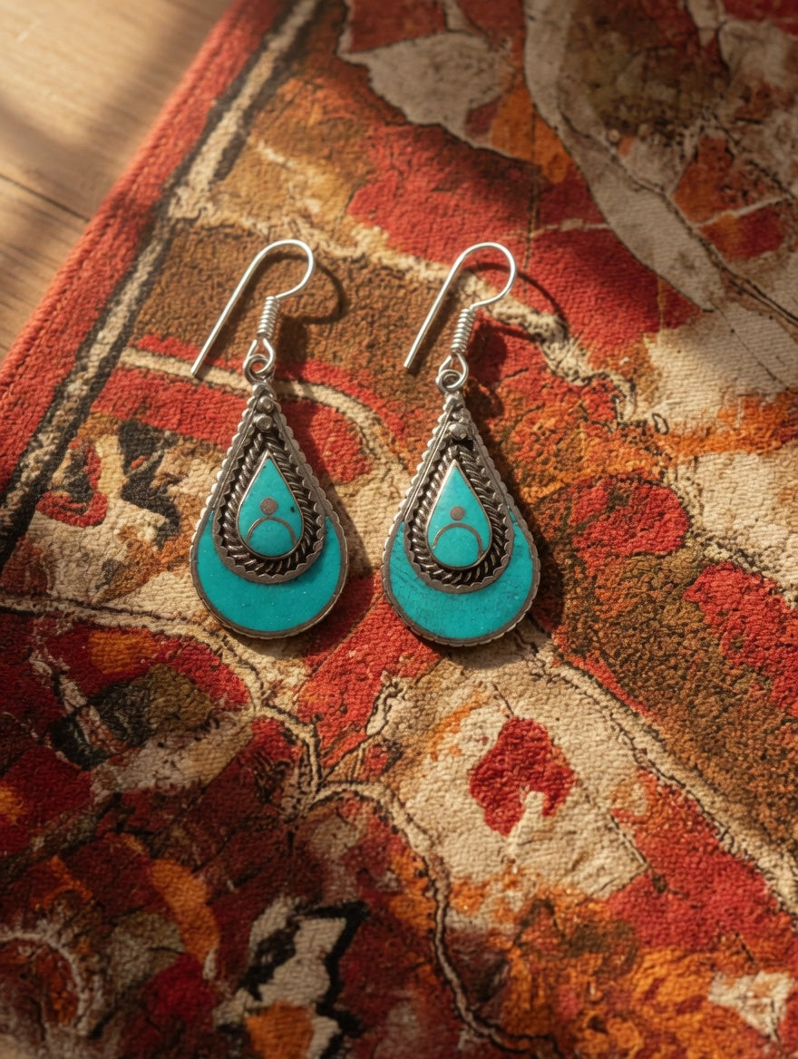 Turquoise Teardrop Vintage Silver Dangle Earrings