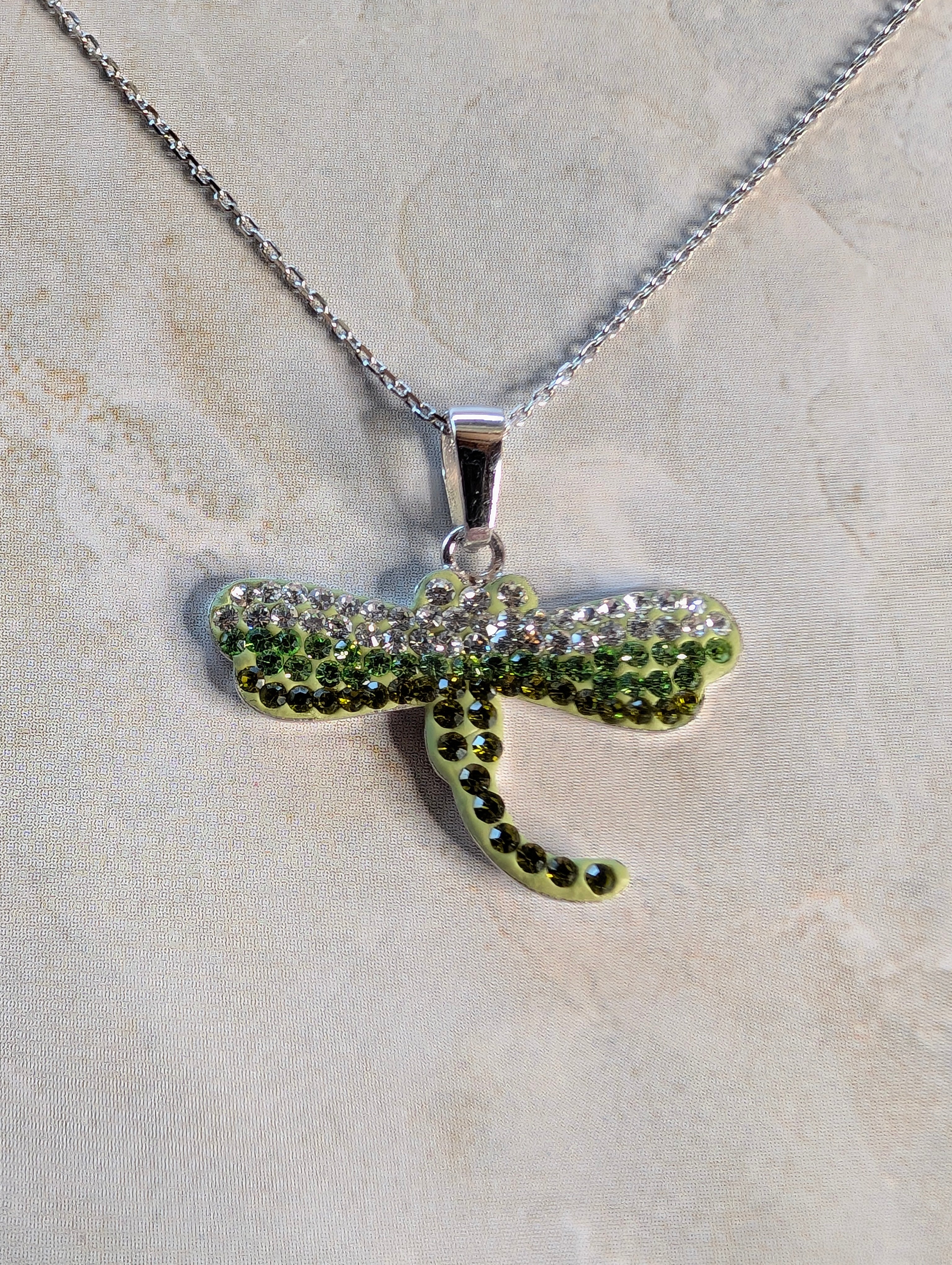 Sterling Silver CZ Studded Green DragonFly Pendant Necklace