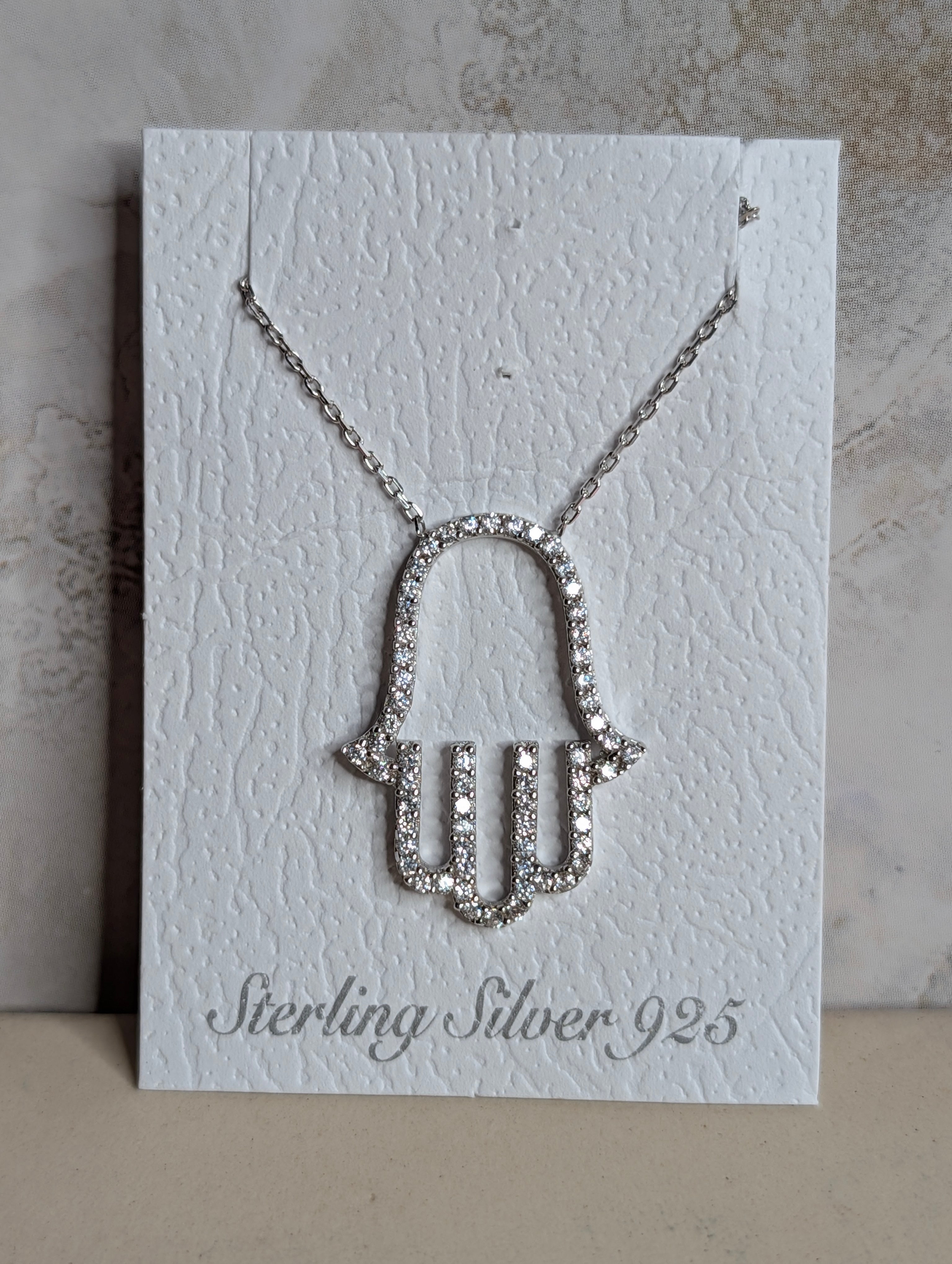 Sterling Silver CZ Pavé Outlined Hamsa Hand Of Protection Necklace
