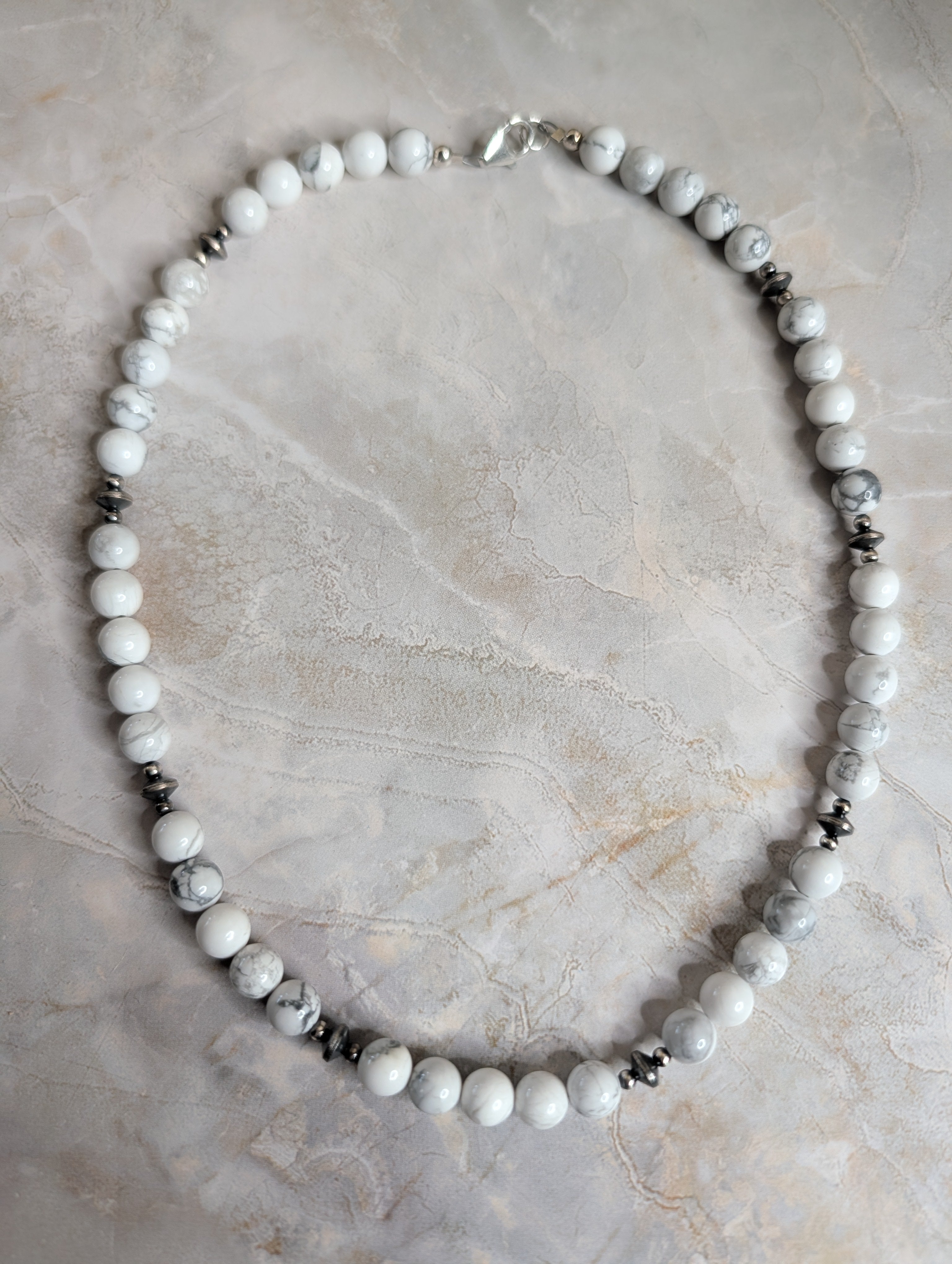 White Howlite Beaded Pearl  Sterling Silver Necklace