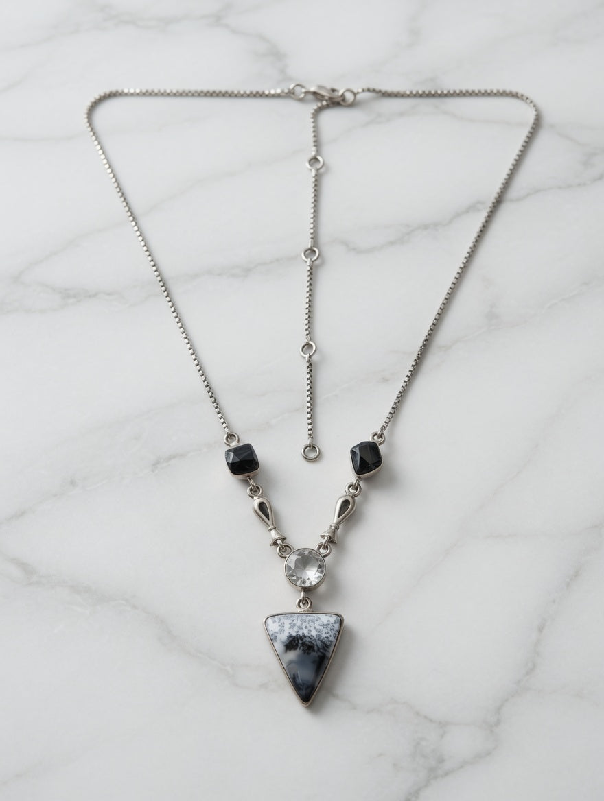 Dendritic Agate Triangle Shaped Gemstone With Clear Quartz & Black Tourmaline Sterling Silver Necklace