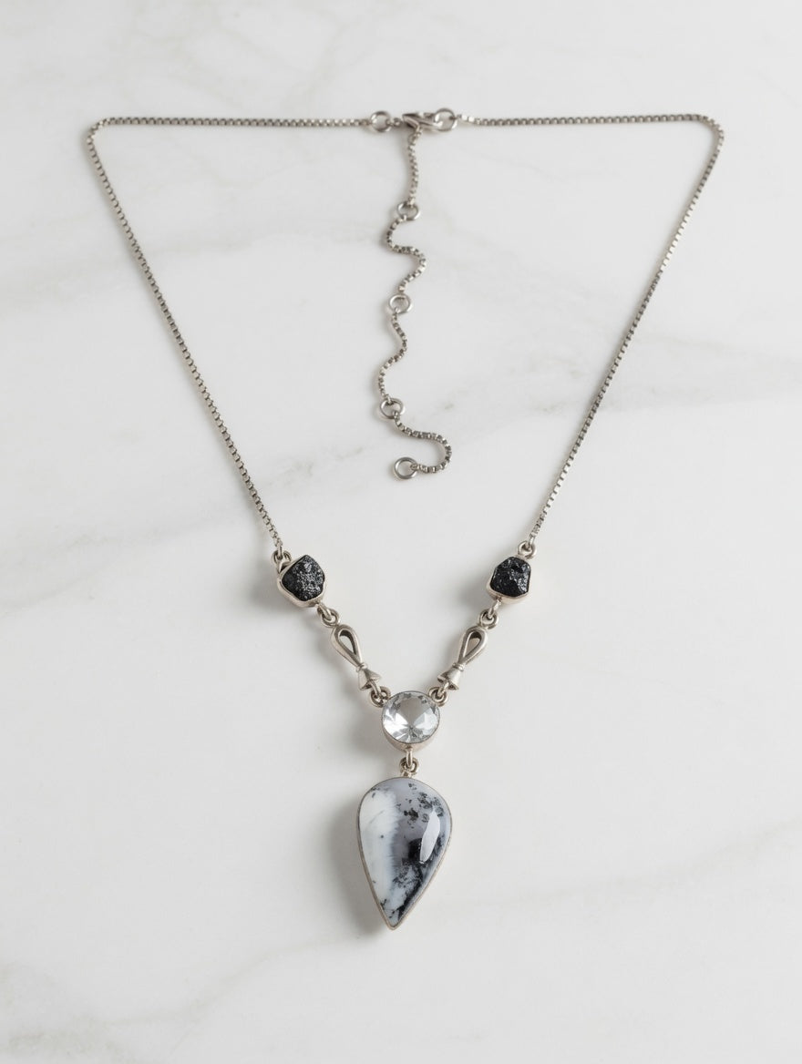 Dendritic Agate Pear Shape Gemstone With Clear Quartz & Black Tourmaline Sterling Silver Necklace