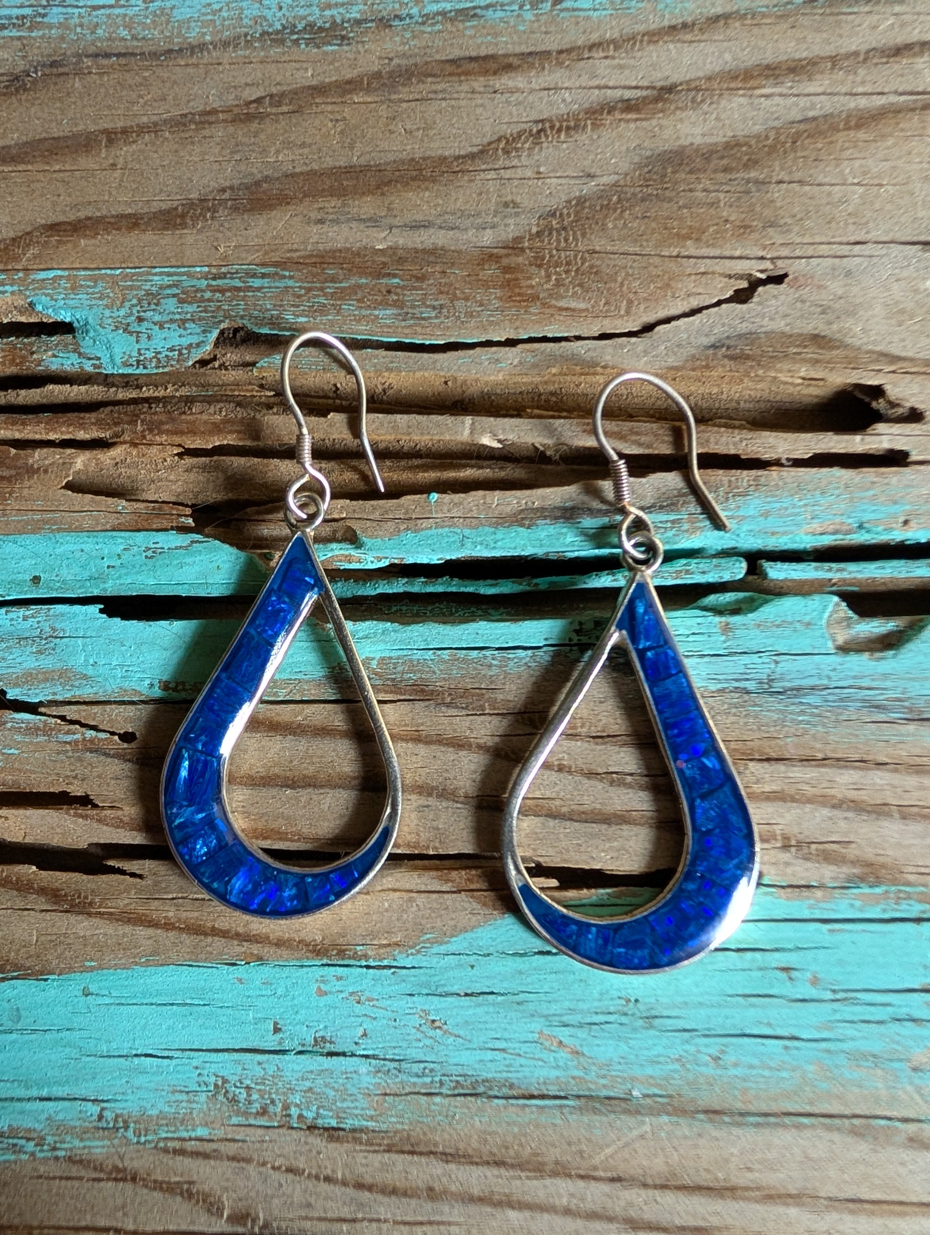 Mosaic Blue Fire Opal Inlay Tear Drop Shaped Sterling Silver Dangle Earrings