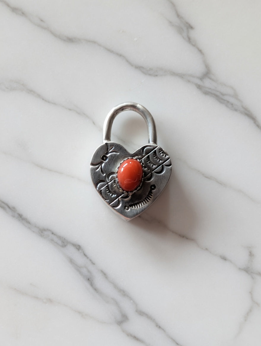 Sterling Silver Heart Padlock Pendant with Coral Stone