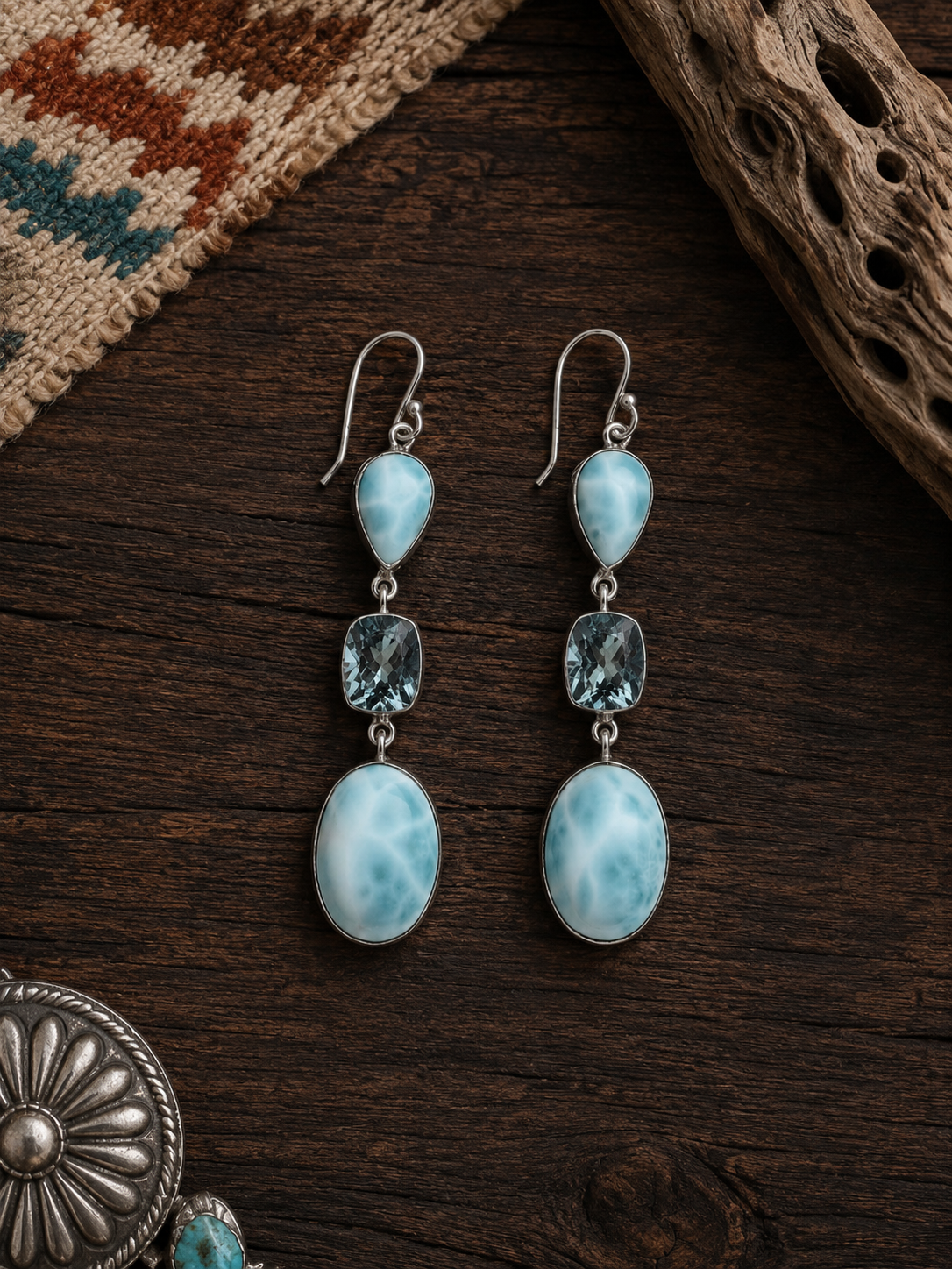 Larimar & Blue Topaz Large Three Stone Sterling Silver Dangle Earrings