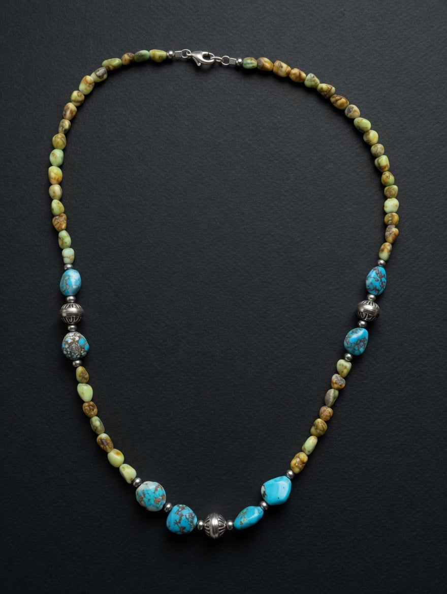 Palomino & Golden Hills Turquoise Hand Strung Sterling Silver Beaded Necklace