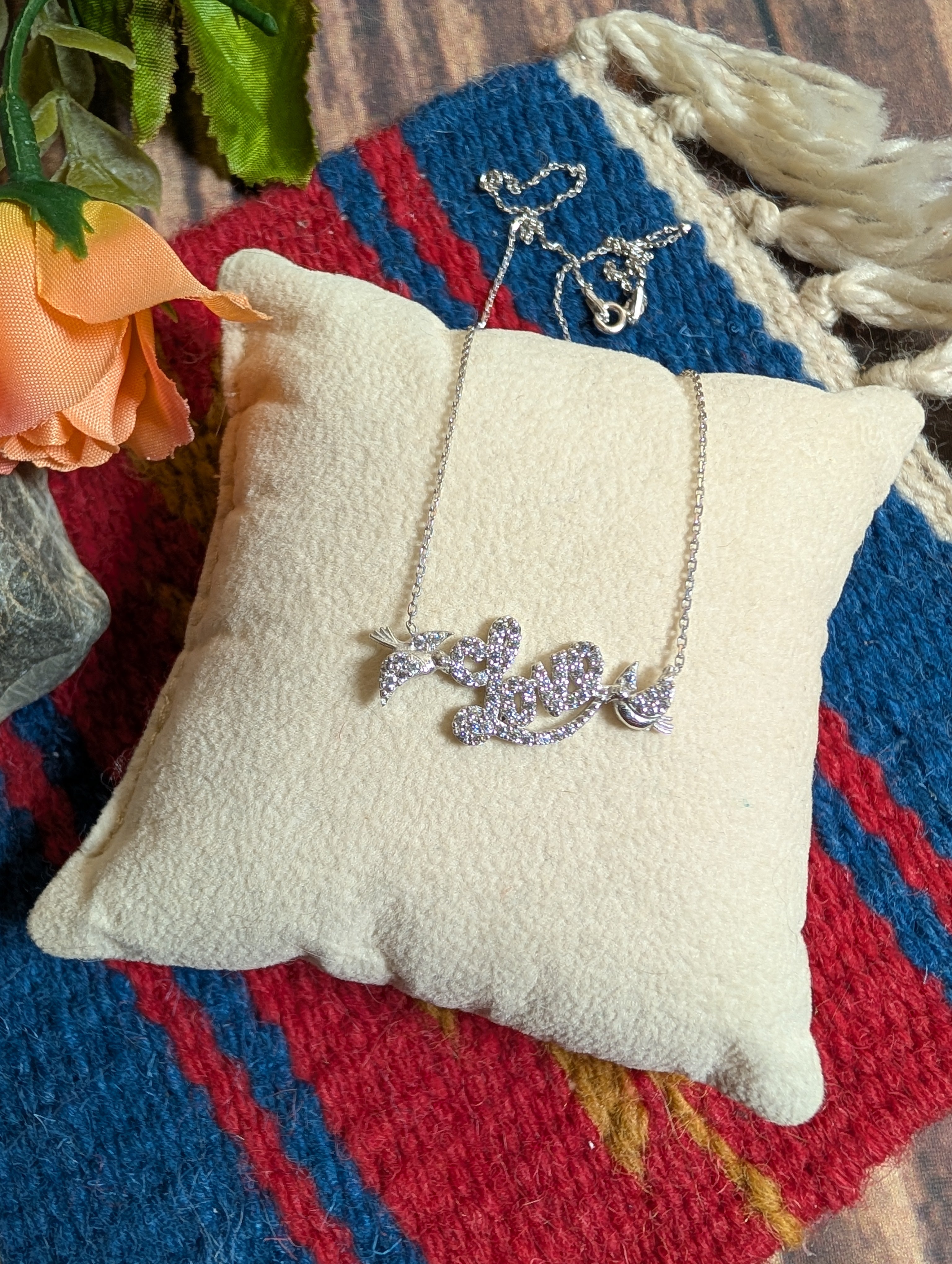 CZ Love Pendant With Bird Motif On Sterling Silver Bar Necklace
