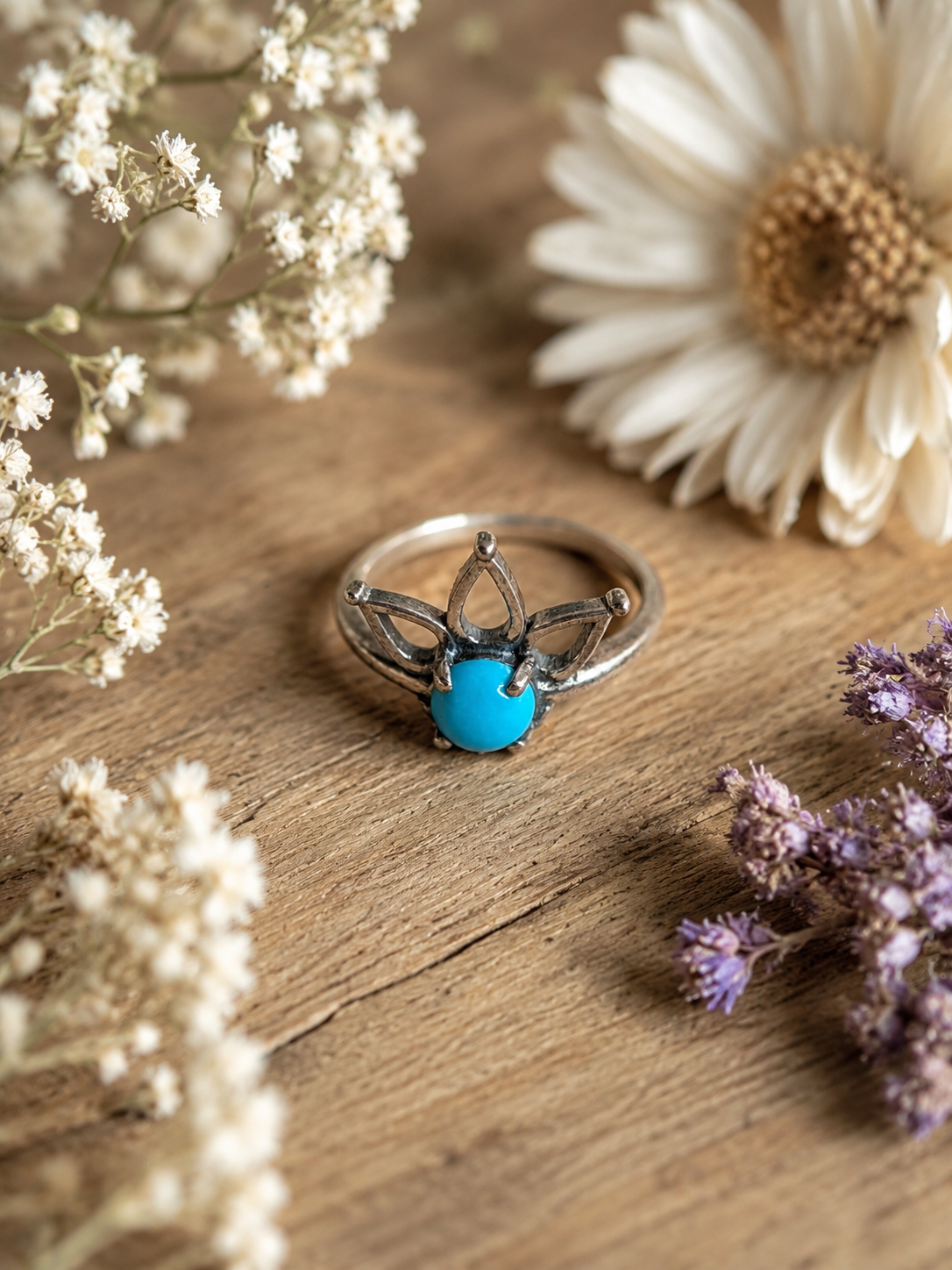 Kingman Turquoise Crowned Lotus Flower Sterling Silver Ring