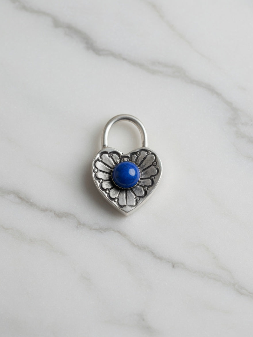 Sterling Silver Heart Padlock Pendant with Lapis Stone