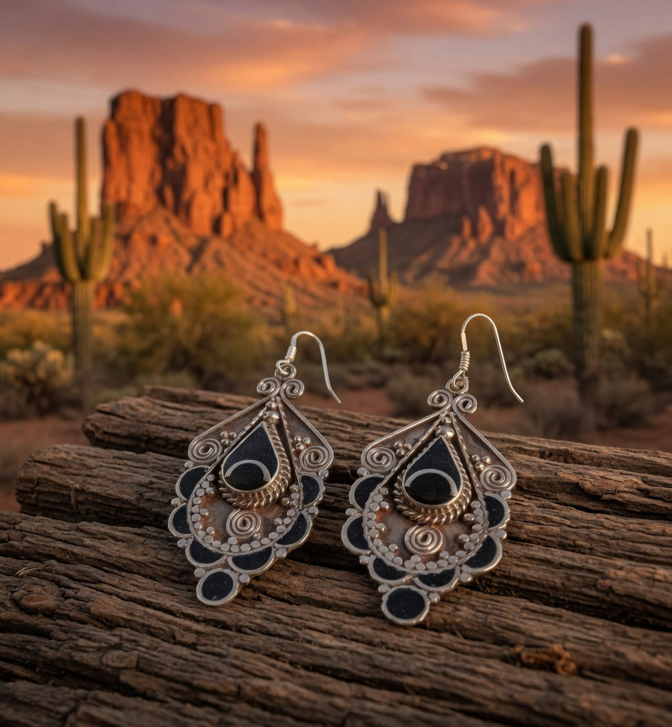 Vintage Black Onyx Teardrop Filigree Statement Earrings