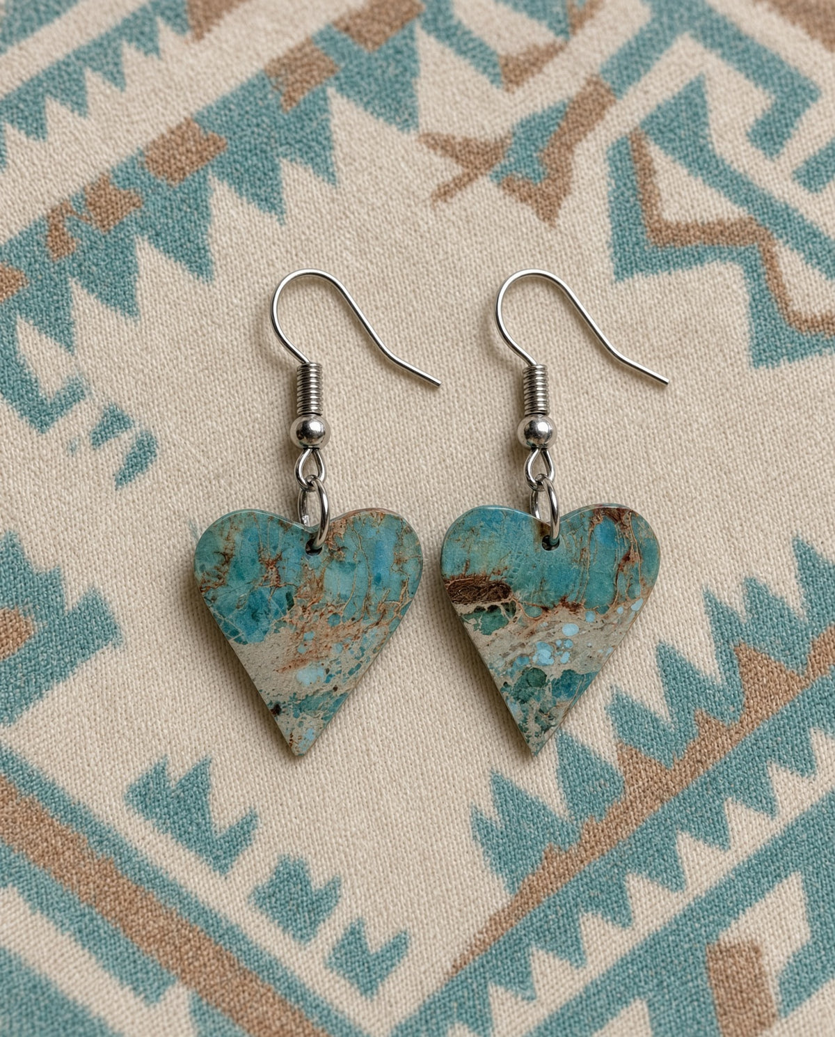 Handcrafted Turquoise Heart Slab Sterling Silver Earrings