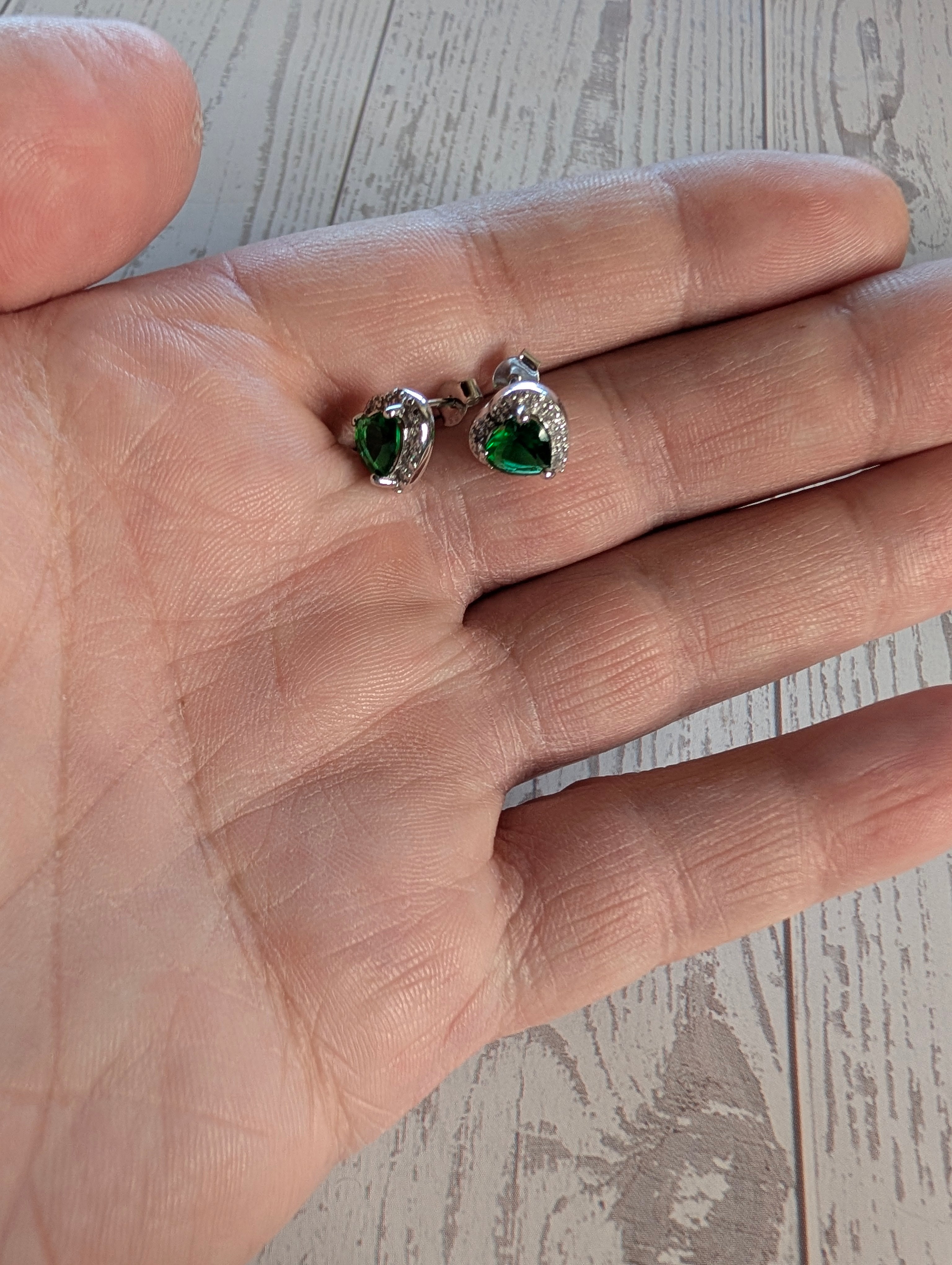Sterling Silver CZ Green Gemstone Heart & Matching Earrings & Pendant Jewelry Set