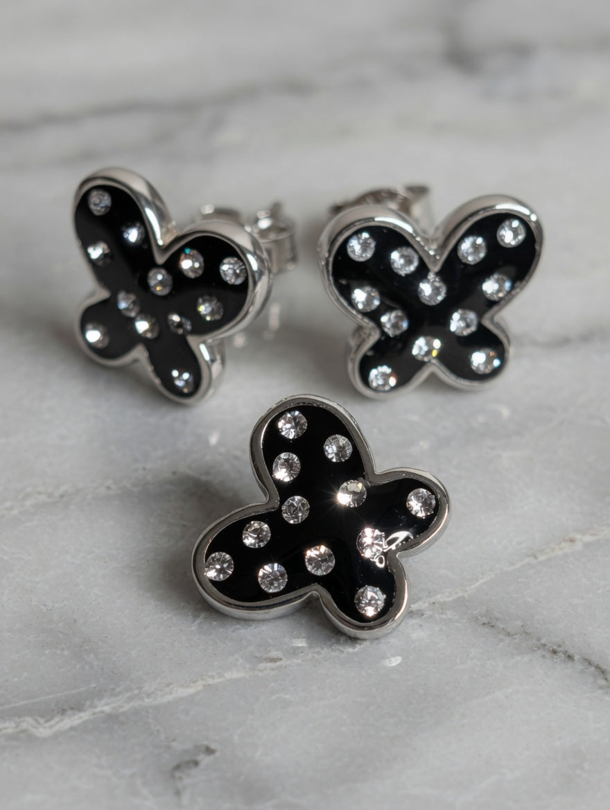 Sterling Silver CZ Black Butterfly Earrings & Pendant Jewelry Set