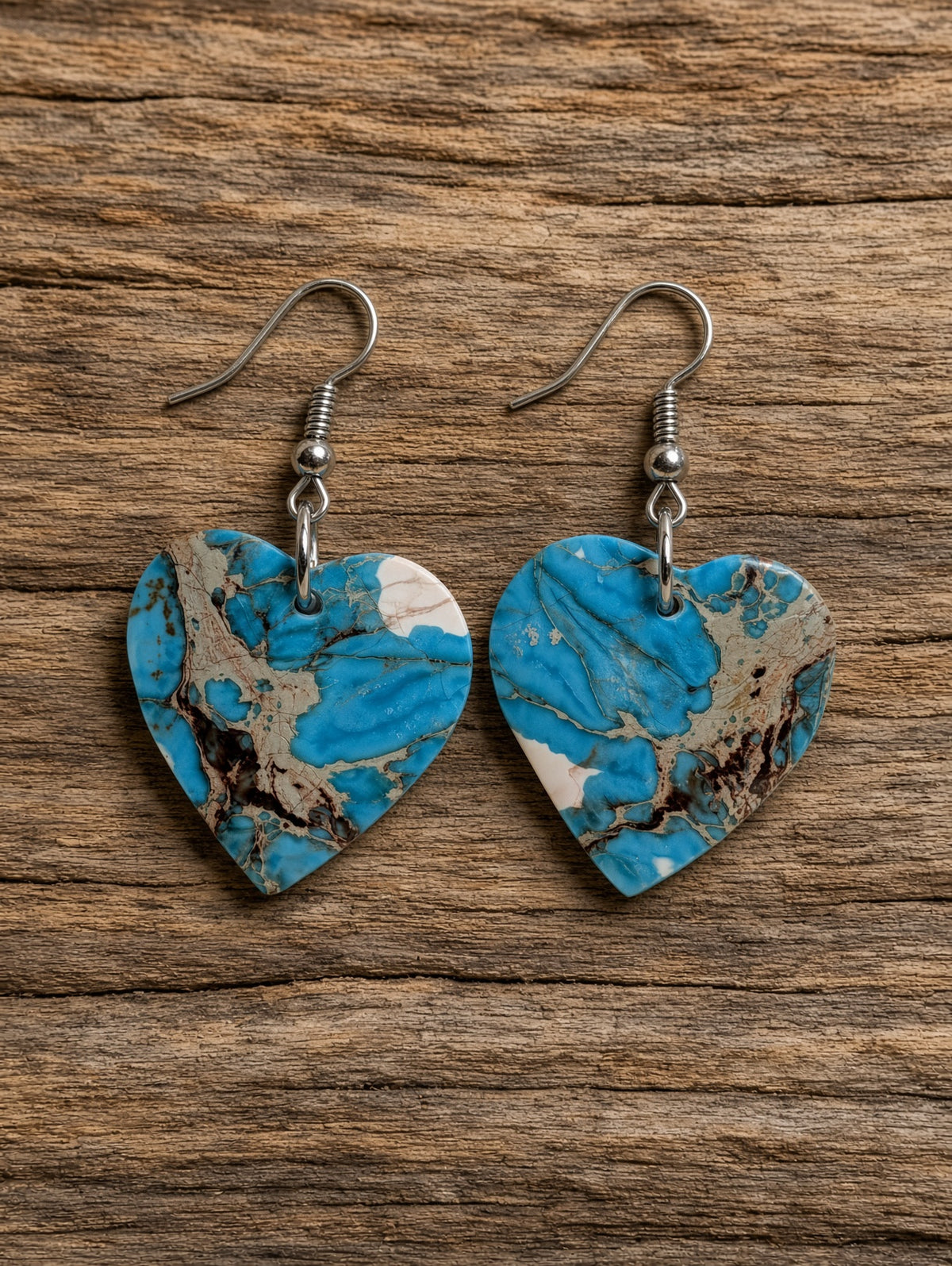 Handcrafted Turquoise Heart Slab Sterling Silver Earrings