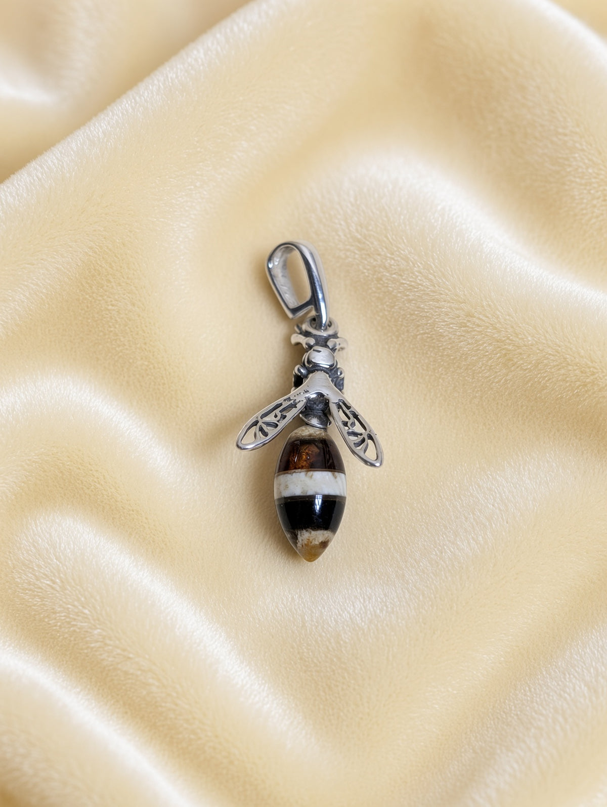 Handmade Bee Honey Cognac Cabochon & Sterling Silver Pendant Variant B02