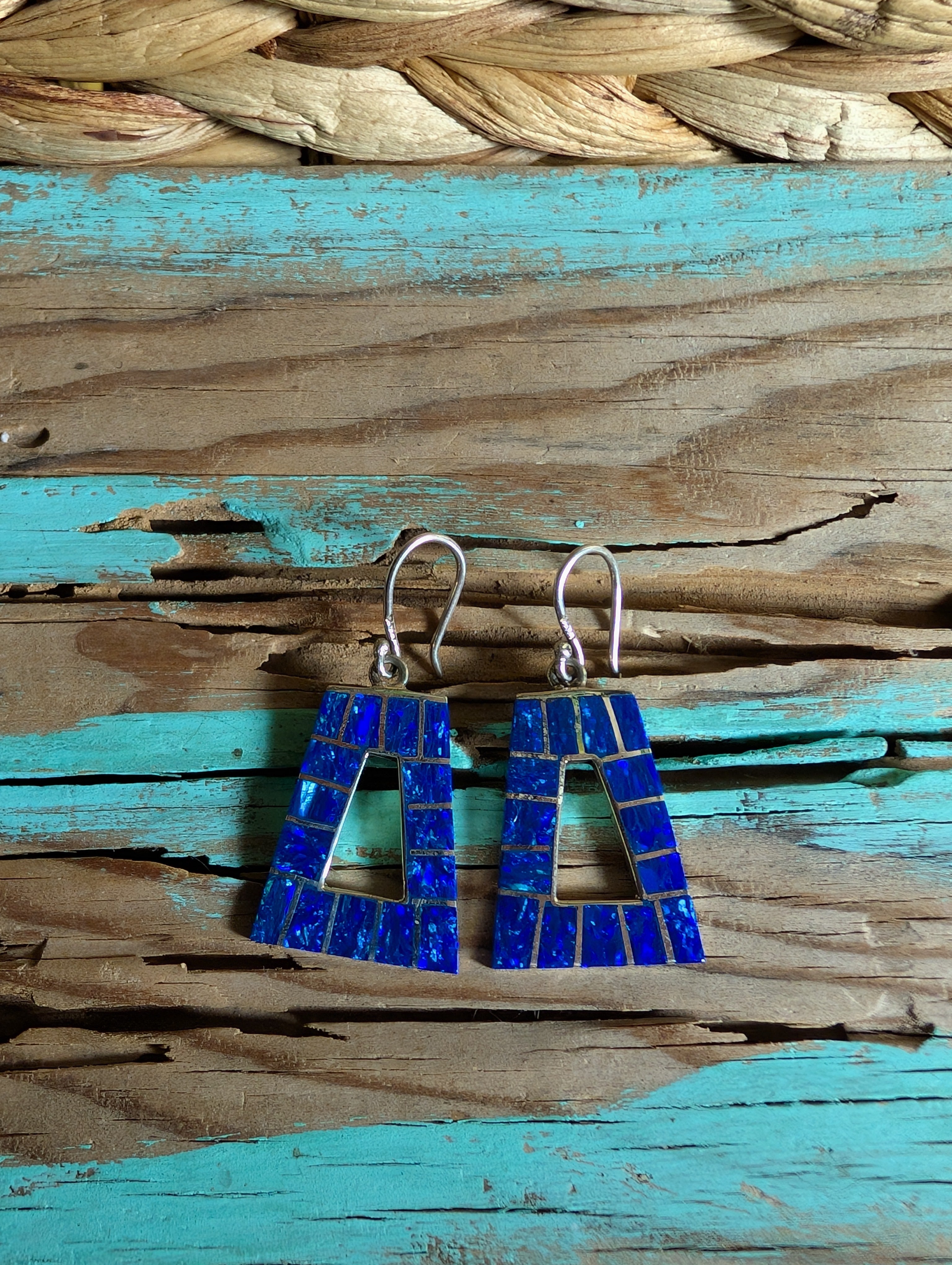 Mosaic Blue Fire Opal Inlay Trapezoid Shaped Geometric Sterling Silver Dangle Earrings
