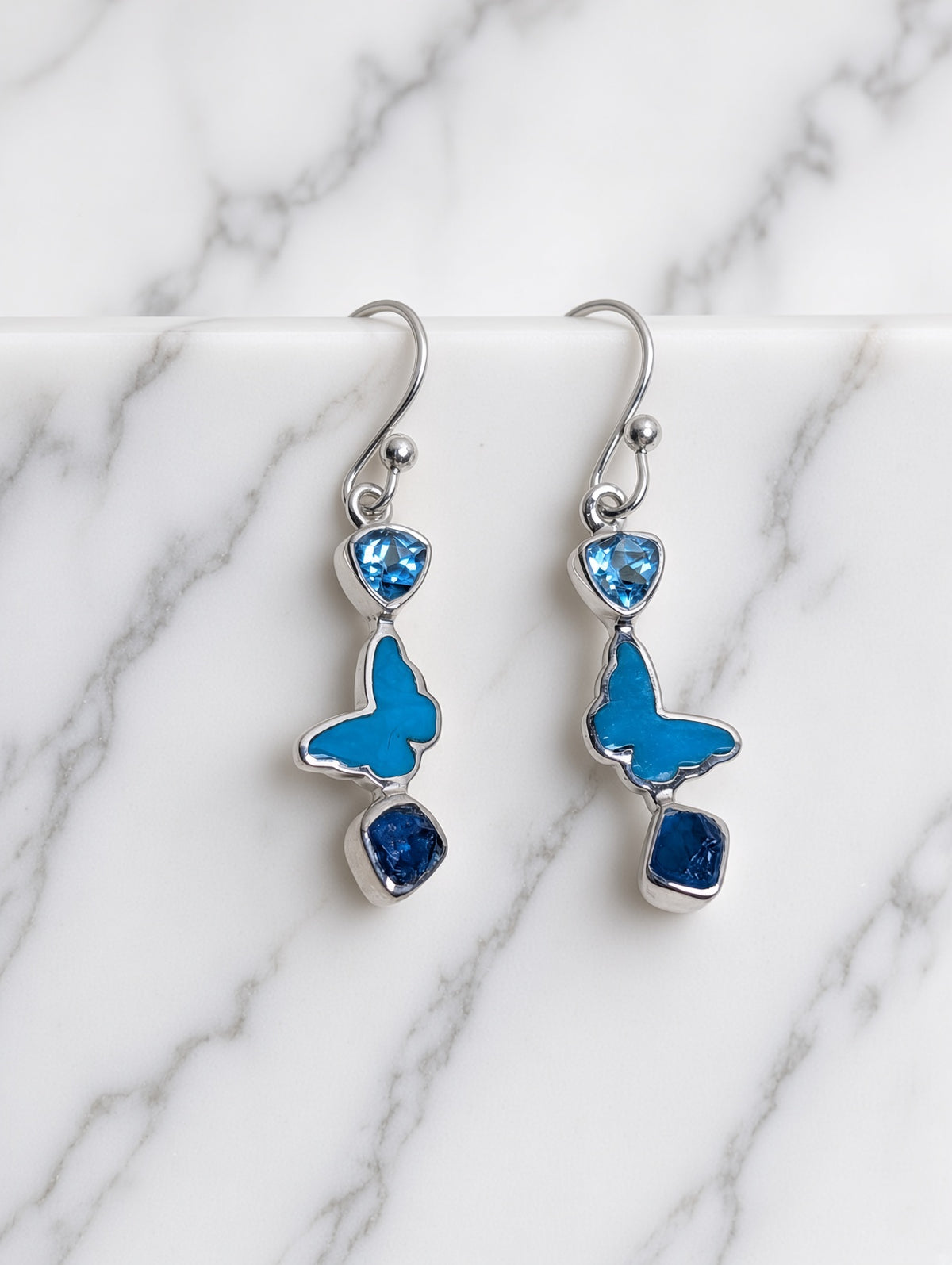 Handmade Butterfly Earrings with Blue Topaz, Turquoise Cabochon,   Lapis & Sterling Silver