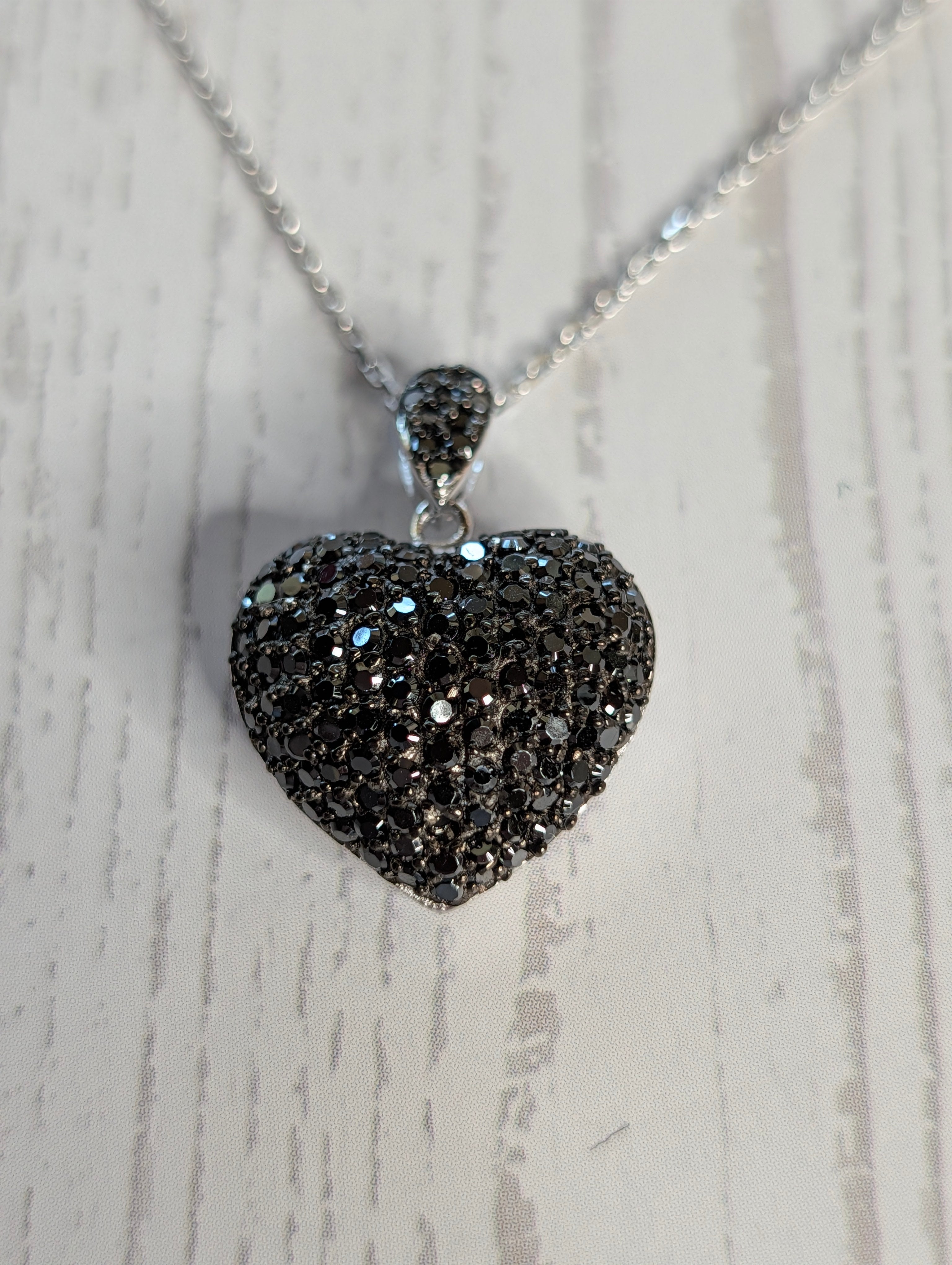 Sterling Silver Black Druzy CZ Puffy Heart Pendant Necklace