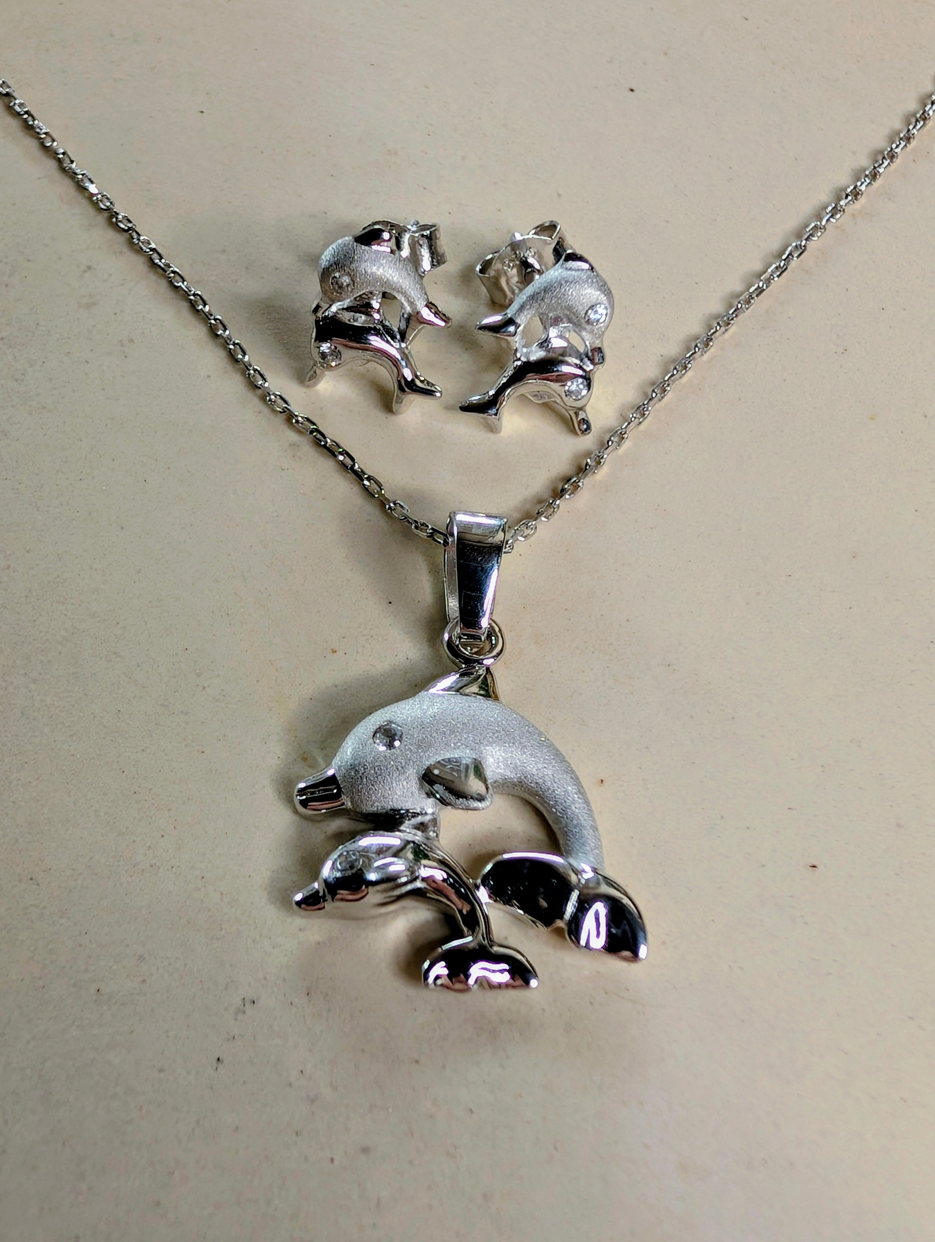 Sterling Silver CZ Double Dolphin Earrings & Necklace Jewelry Set