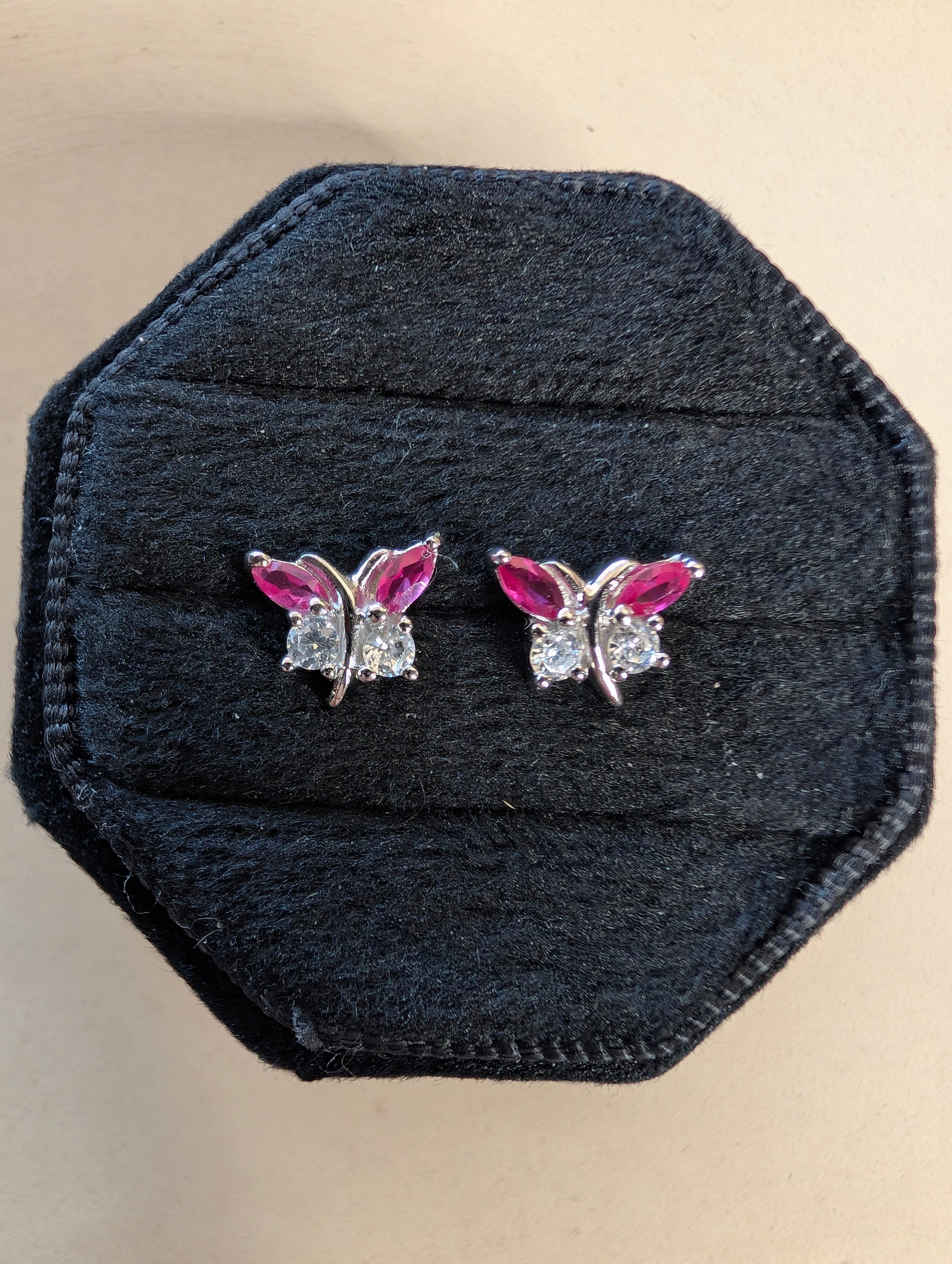 Sterling Silver Hot Pink CZ Butterfly Earrings & Necklace Jewelry Set