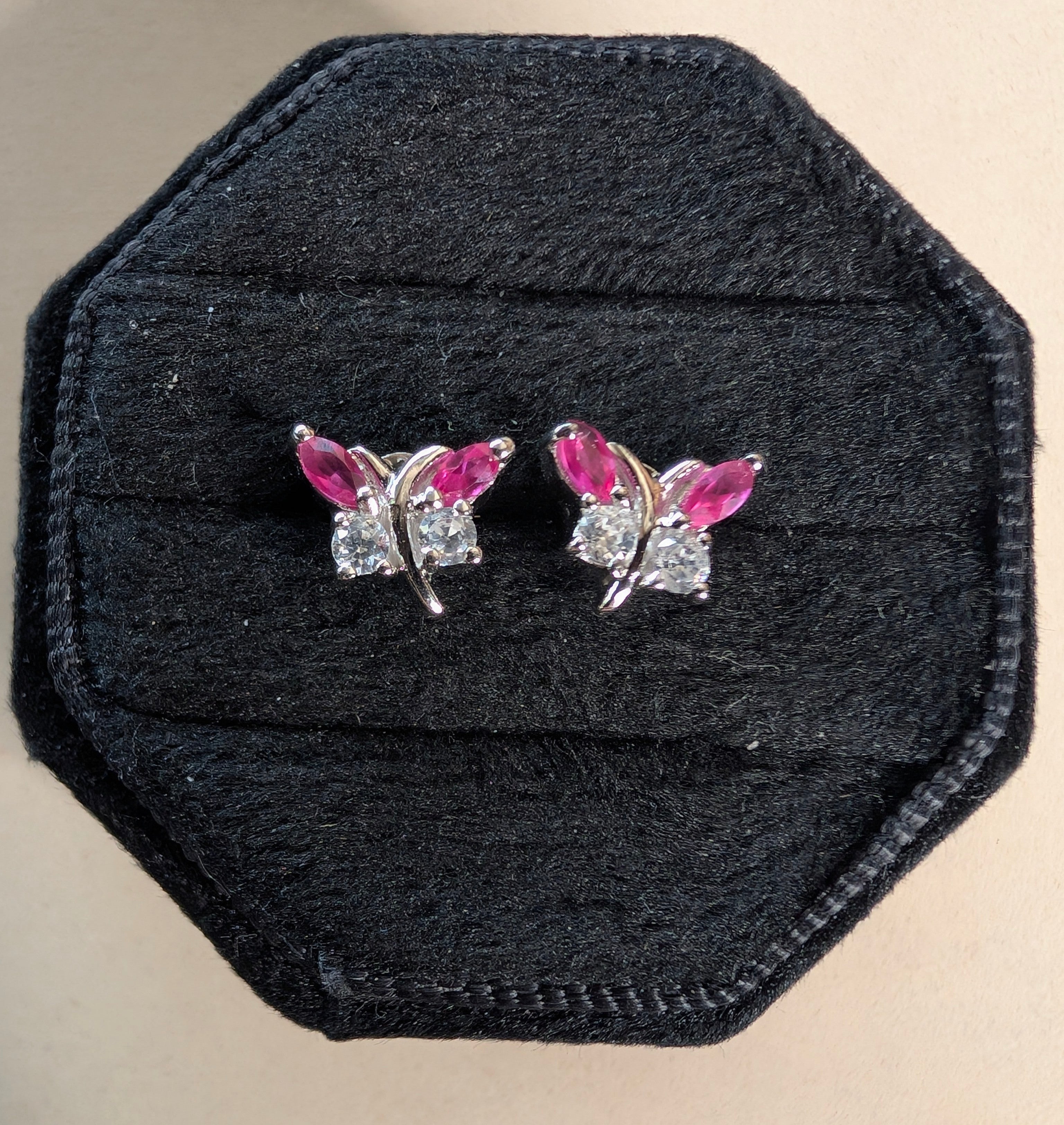 Sterling Silver CZ Hot Pink Gemstone Butterfly Earrings & Pendant Jewelry Set
