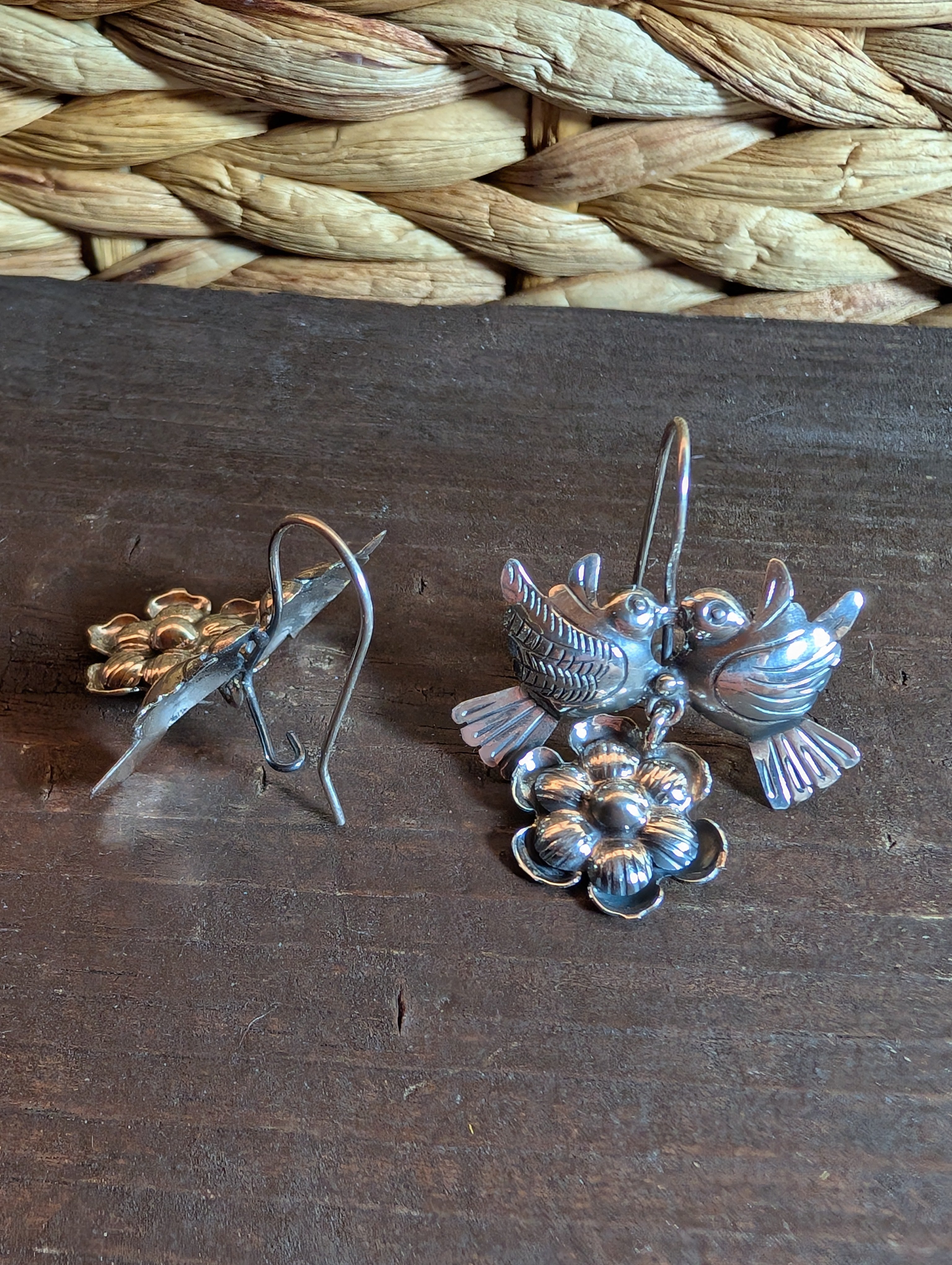 LoveBird Kissing Doves With Flower Blossom Sterling Silver Dangle Earrings