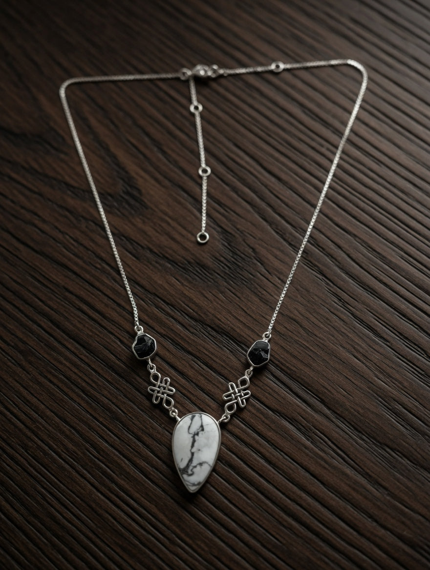 Dendritic Agate Leaf Shaped Shaped Gemstone With Black Tourmaline Sterling Silver Lariat Necklace