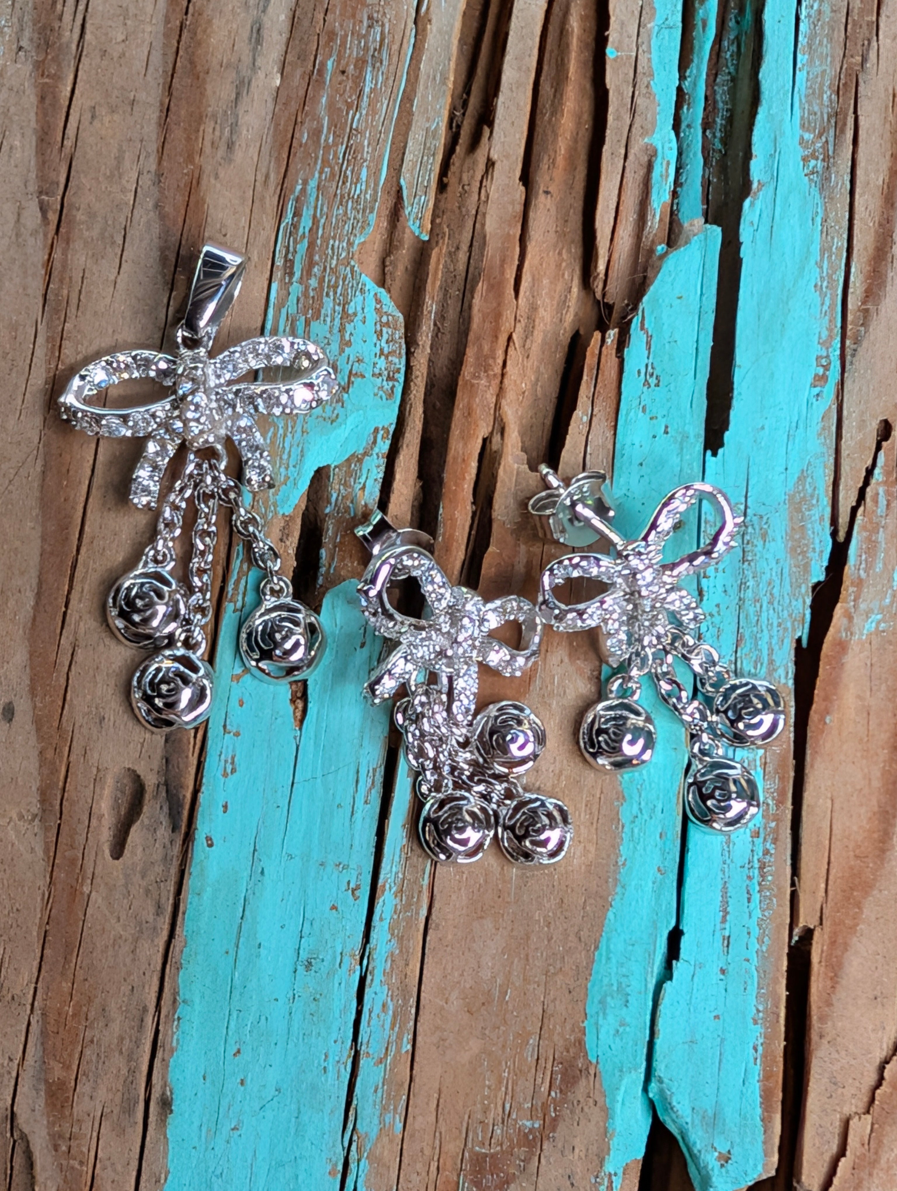 Sterling Silver CZ Sparkling Bow & Dangling Rose Charms Earrings & Pendant Jewelry Set