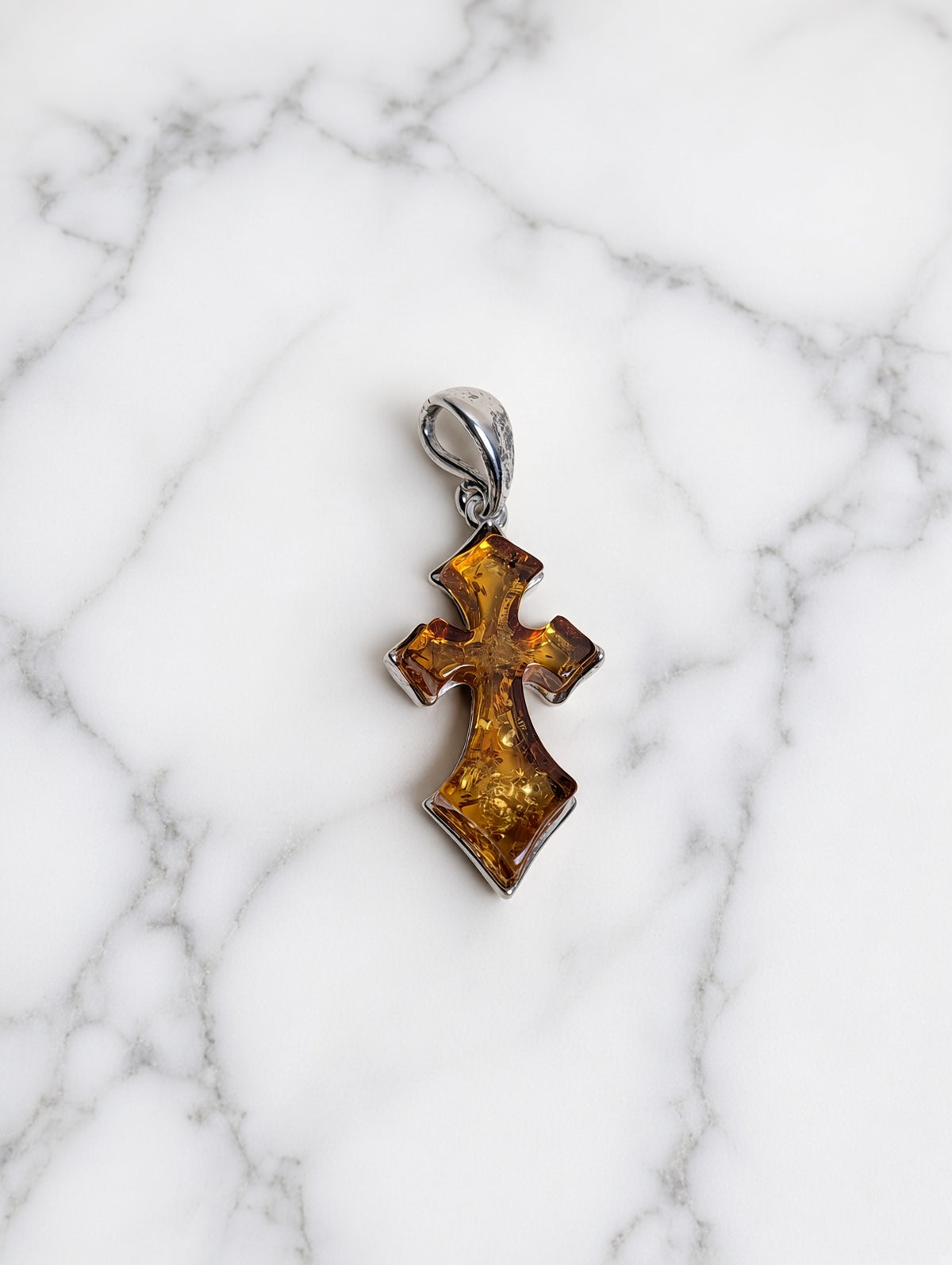 Handmade Cross Shaped Honey Cognac Cabochon & Sterling Silver Pendant