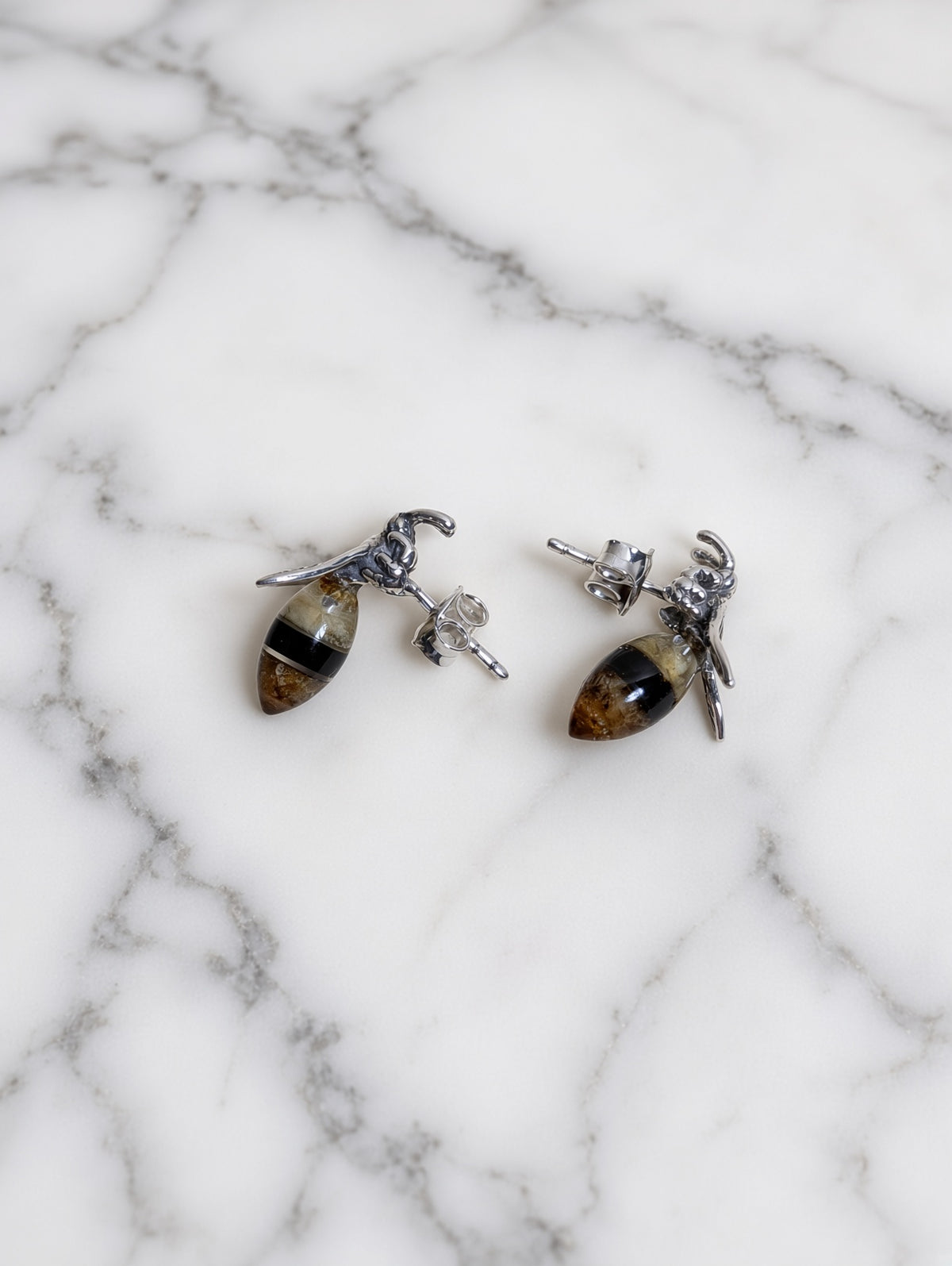 Handmade Bee Honey Cognac Cabochons & Sterling Silver Stud Earrings Variant A01
