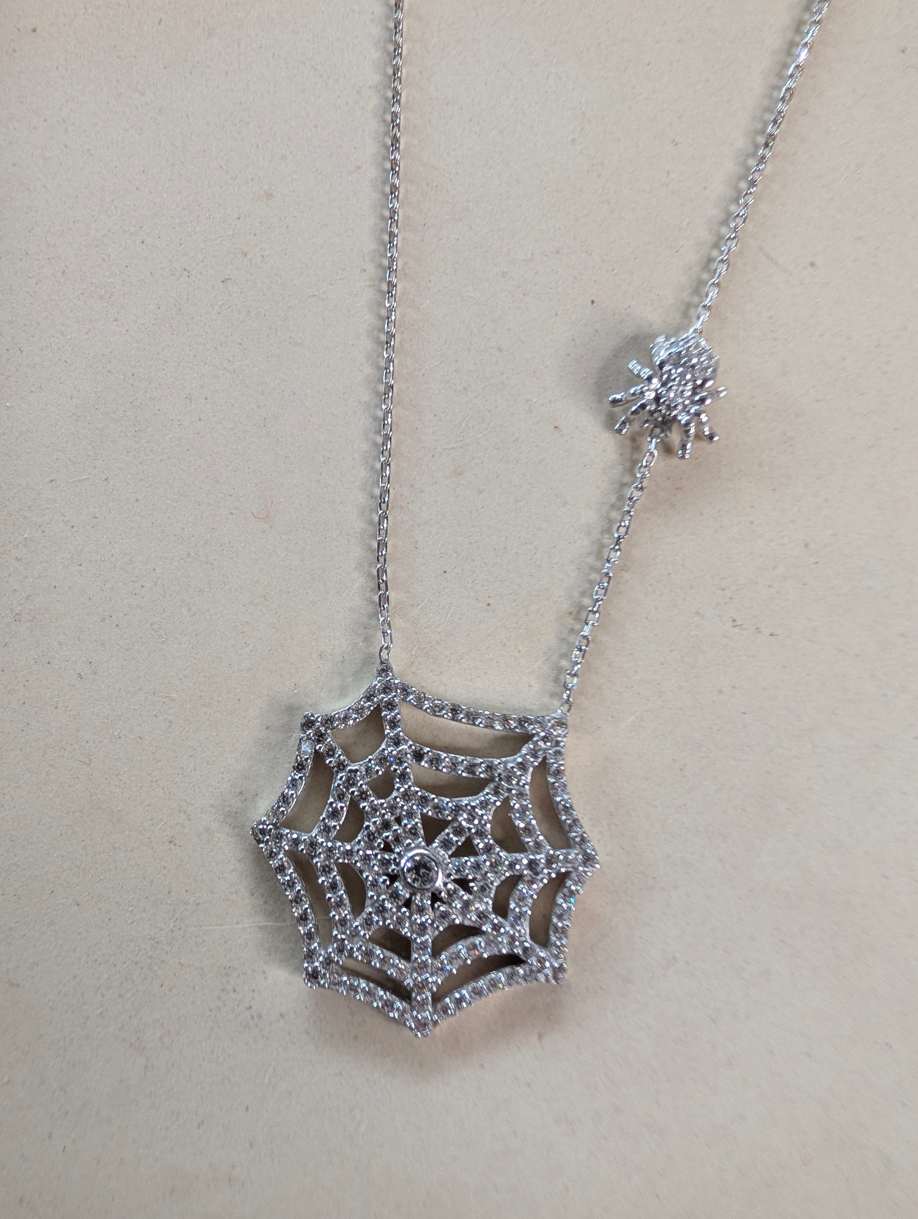 Sterling Silver CZ Spider Web Halloween Necklace