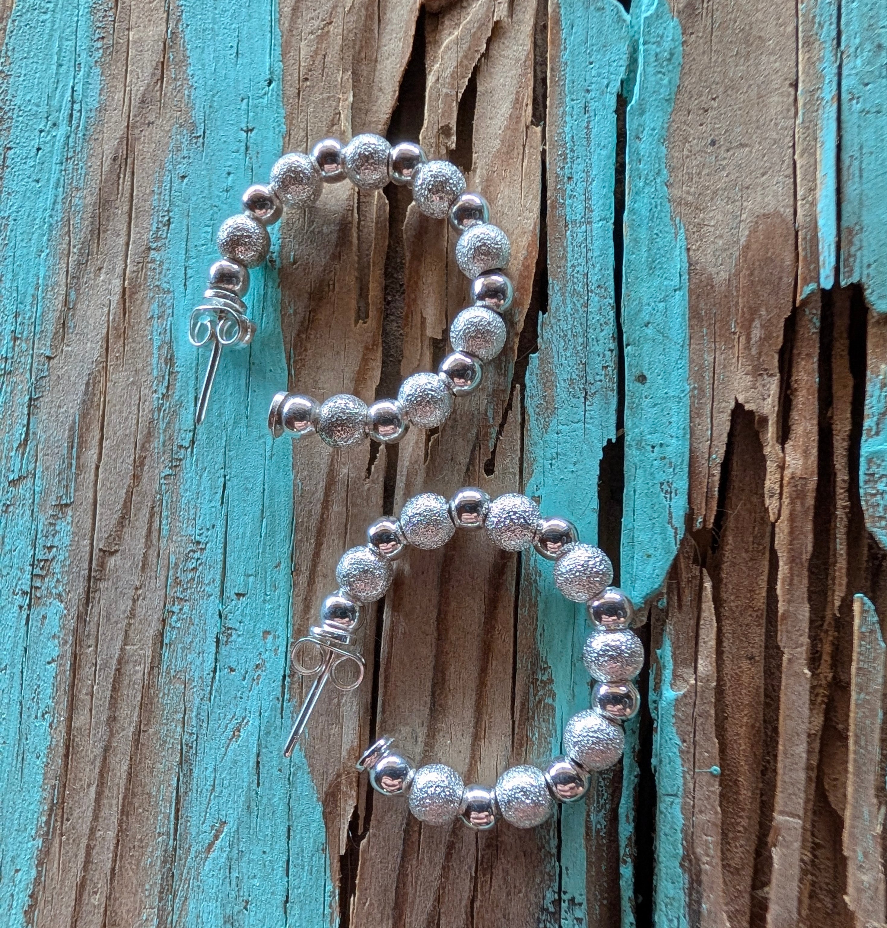 Sterling Silver Alternating Stardust & Liso Beaded Hoop Earrings