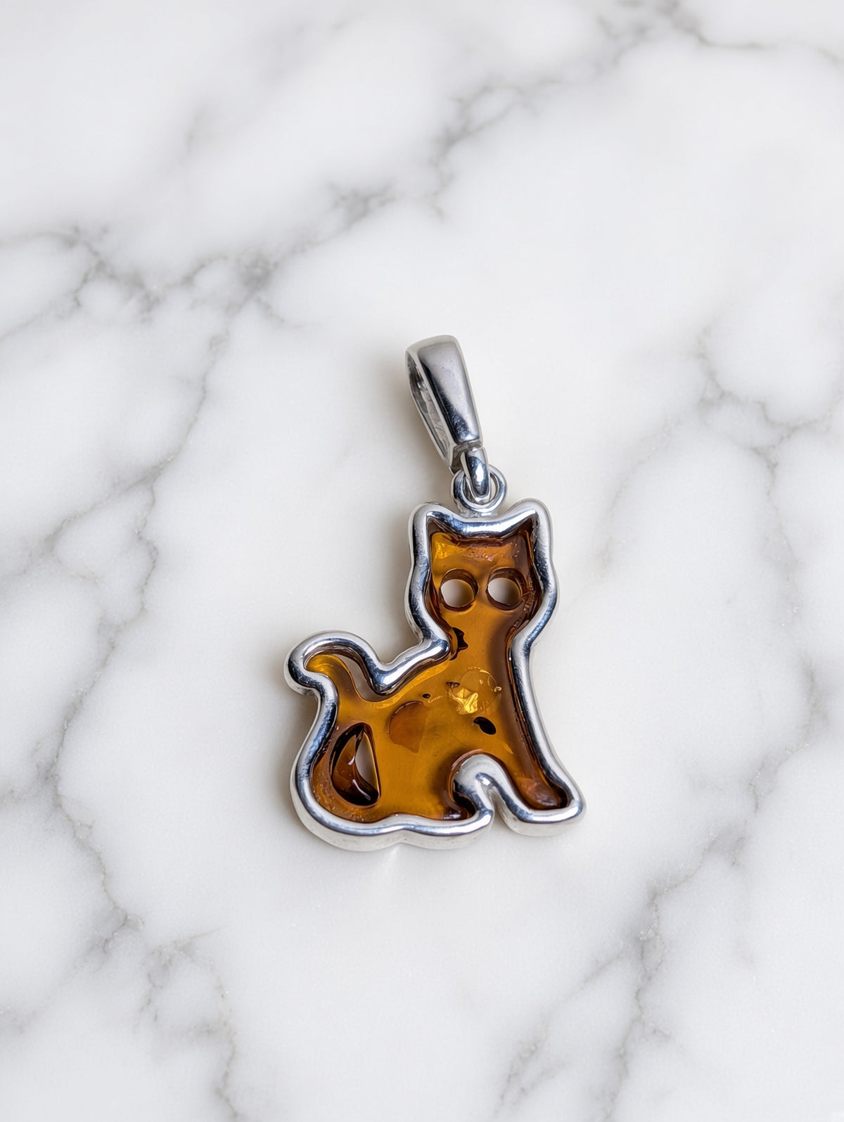 Handmade Cat Shaped Honey Cognac Cabochon & Sterling Silver Pendant