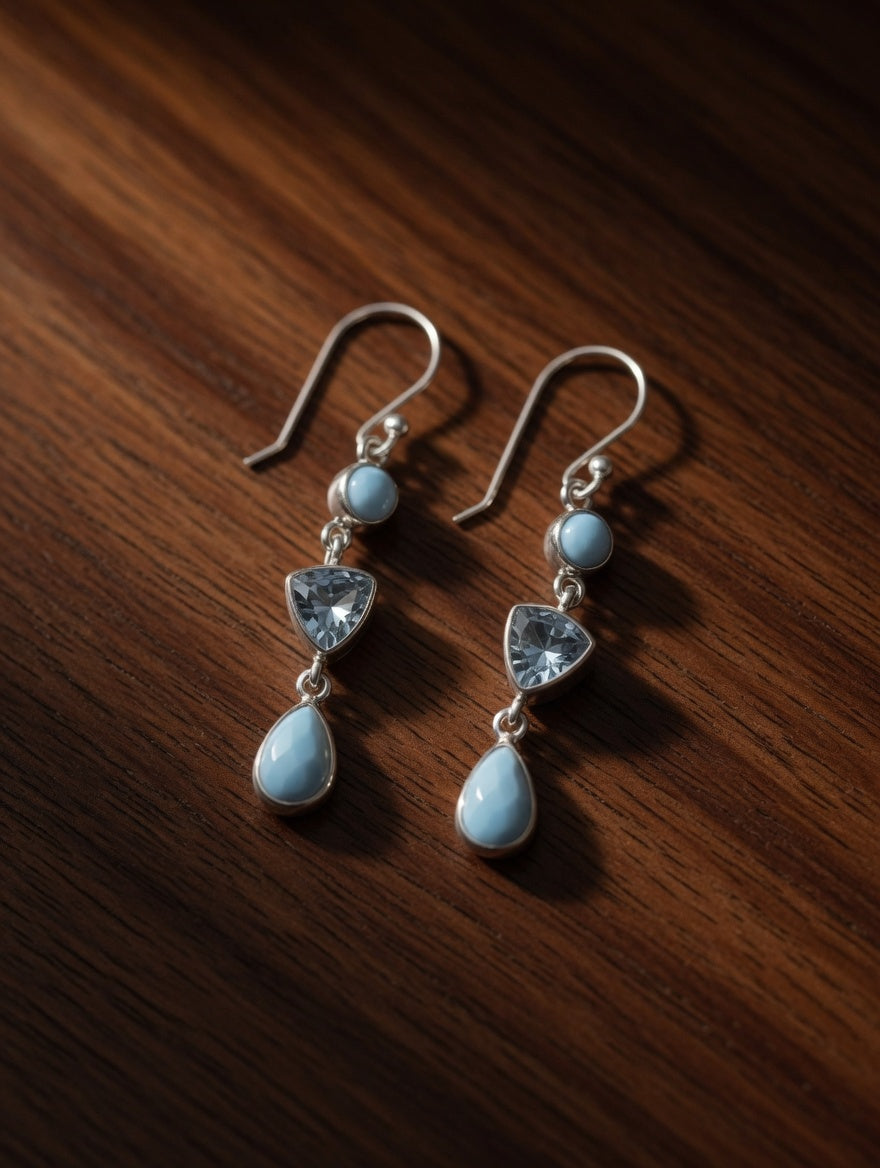 Larimar & Blue Topaz Three Stone Sterling Silver Dangle Earrings