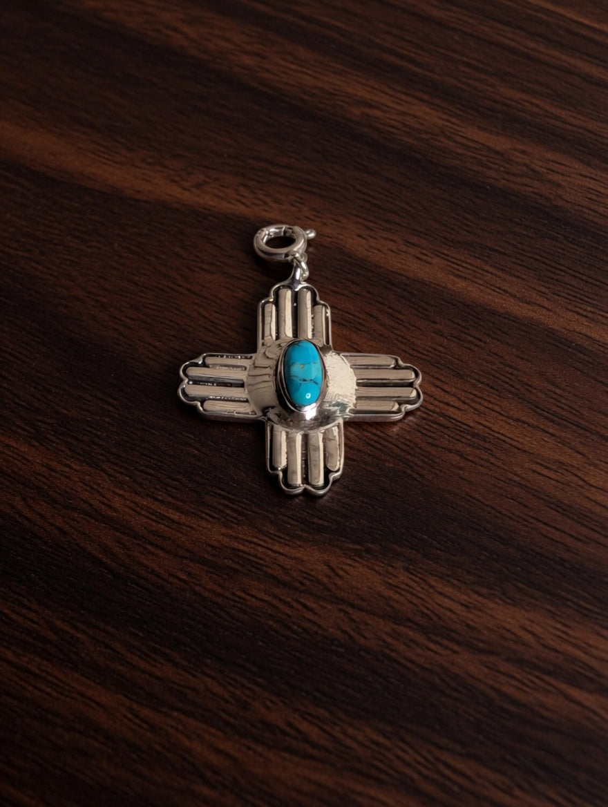 Sterling Silver Southwestern Style Zia Cross Charm With Turquoise
