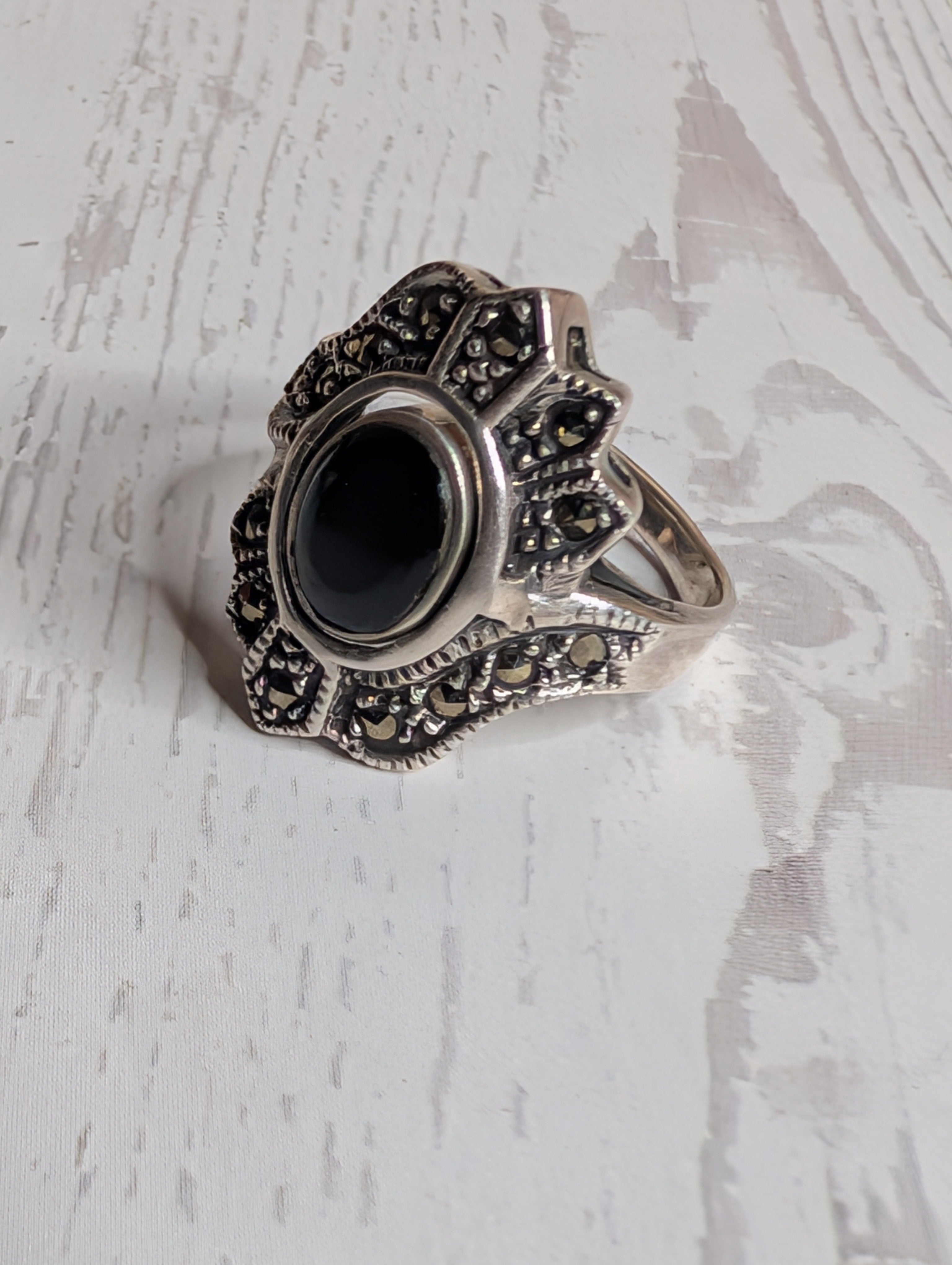 Sterling Silver CZ Rotating Stone With Black Onyx & Mother Of Pearl Etched Ring Size 7