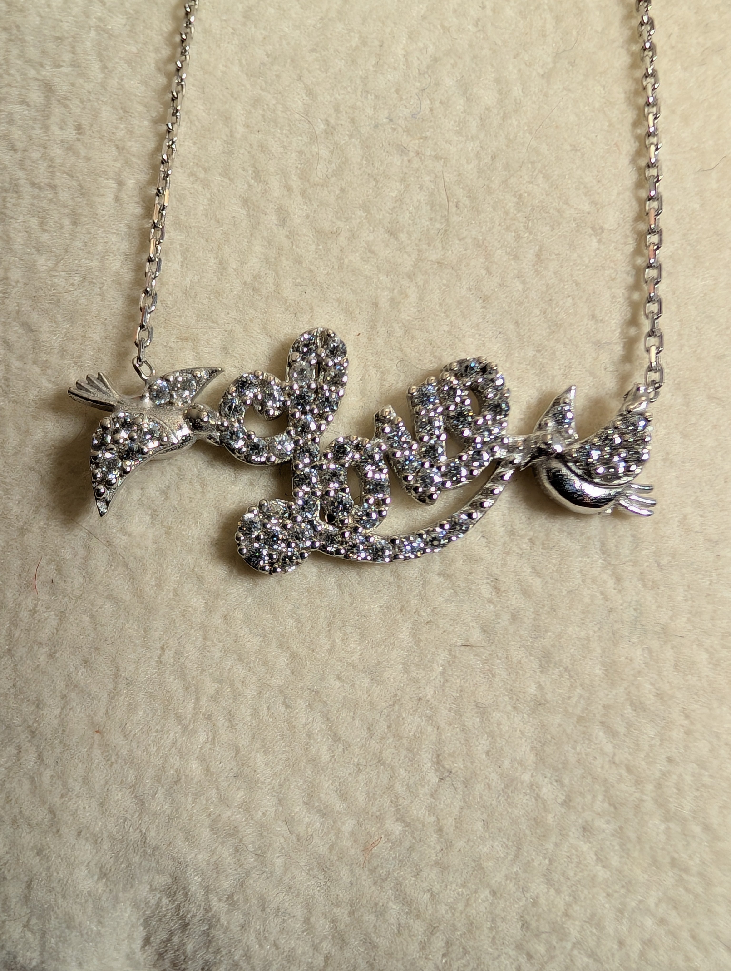 CZ Love Pendant With Bird Motif On Sterling Silver Bar Necklace