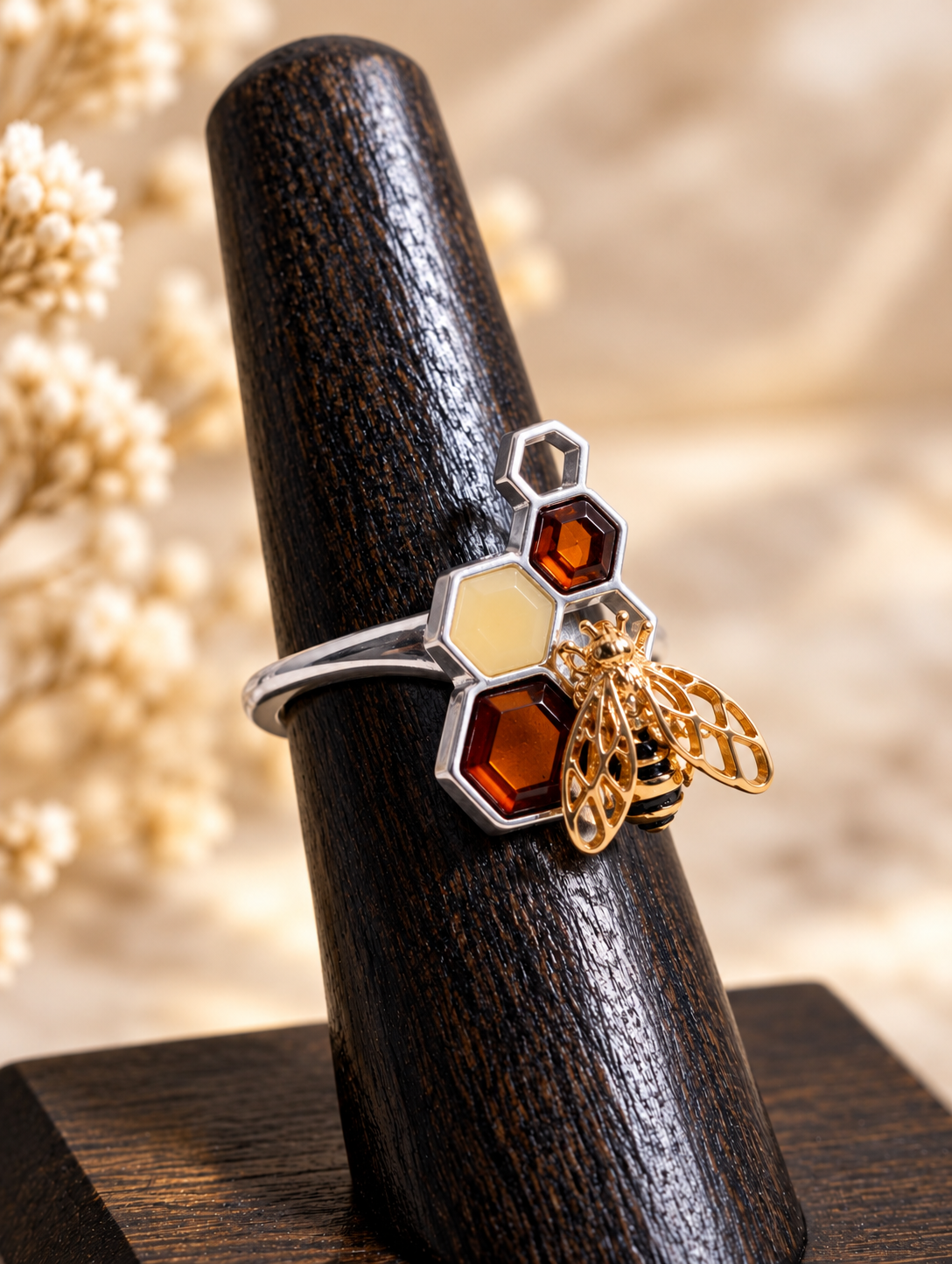 Handmade Bee Honeycomb Honey Cognac Cabochons & Sterling Silver Adjustable Ring
