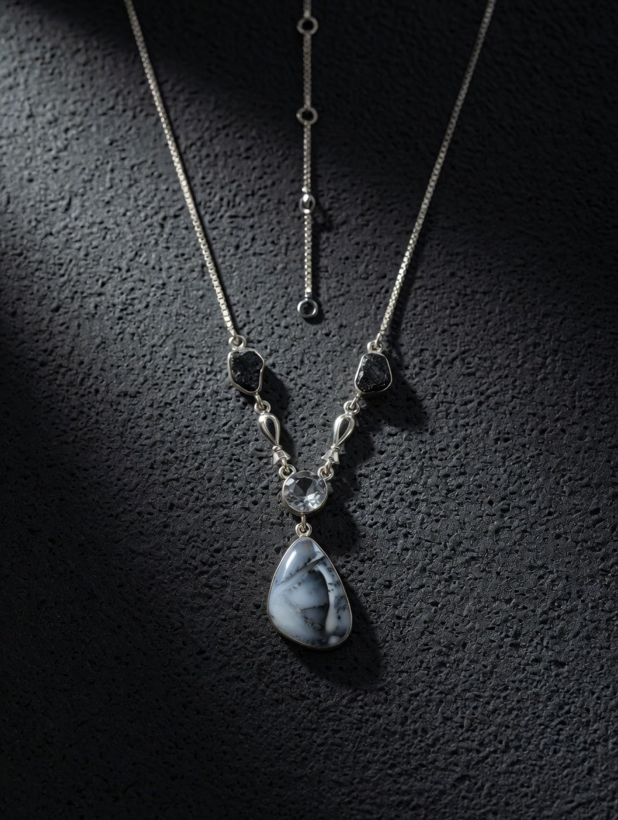 Dendritic Agate Gemstone With Clear Quartz & Black Tourmaline Sterling Silver Lariat Necklace