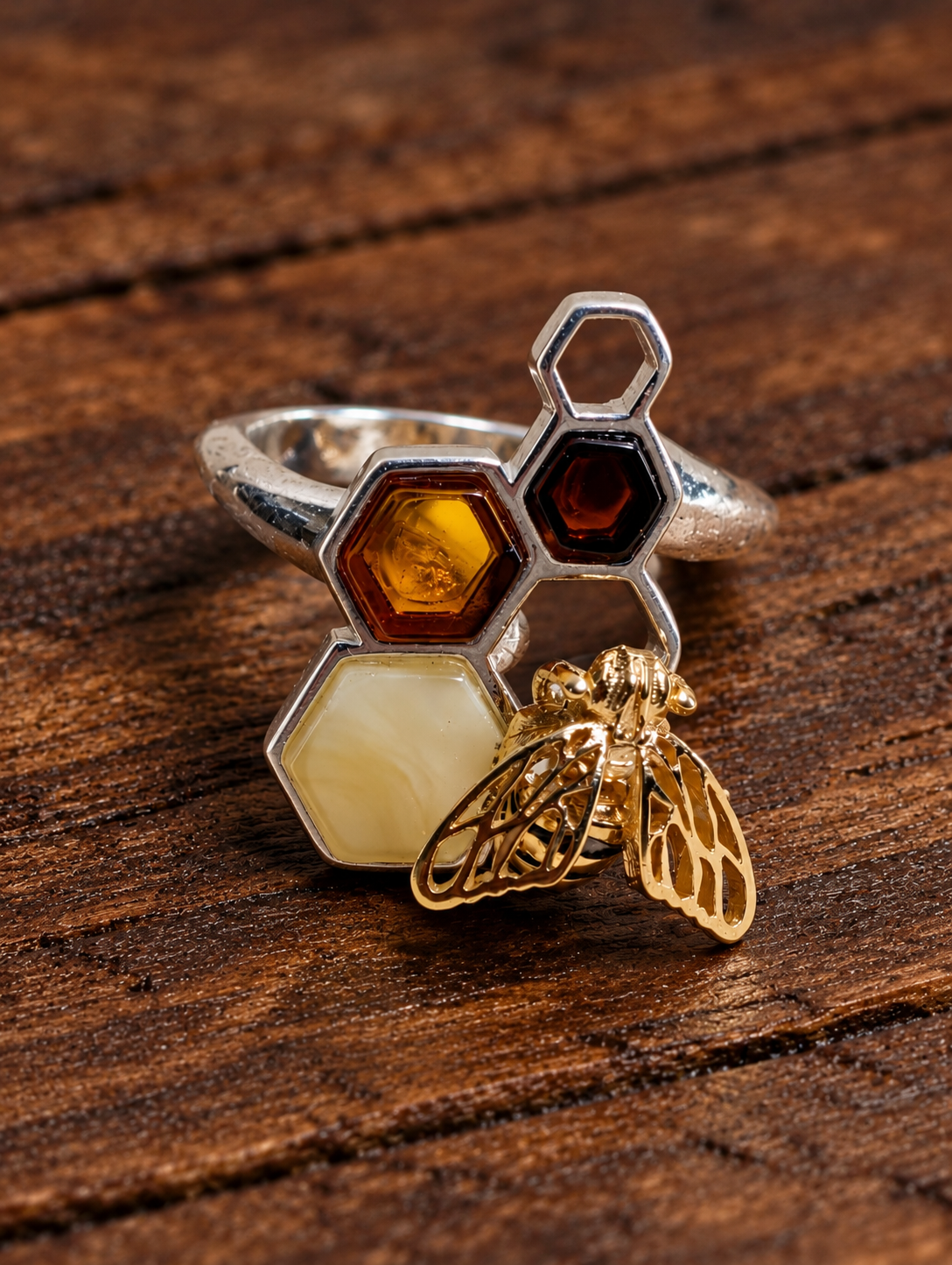 Handmade Bee Honeycomb Honey Cognac Cabochons & Sterling Silver Adjustable Ring