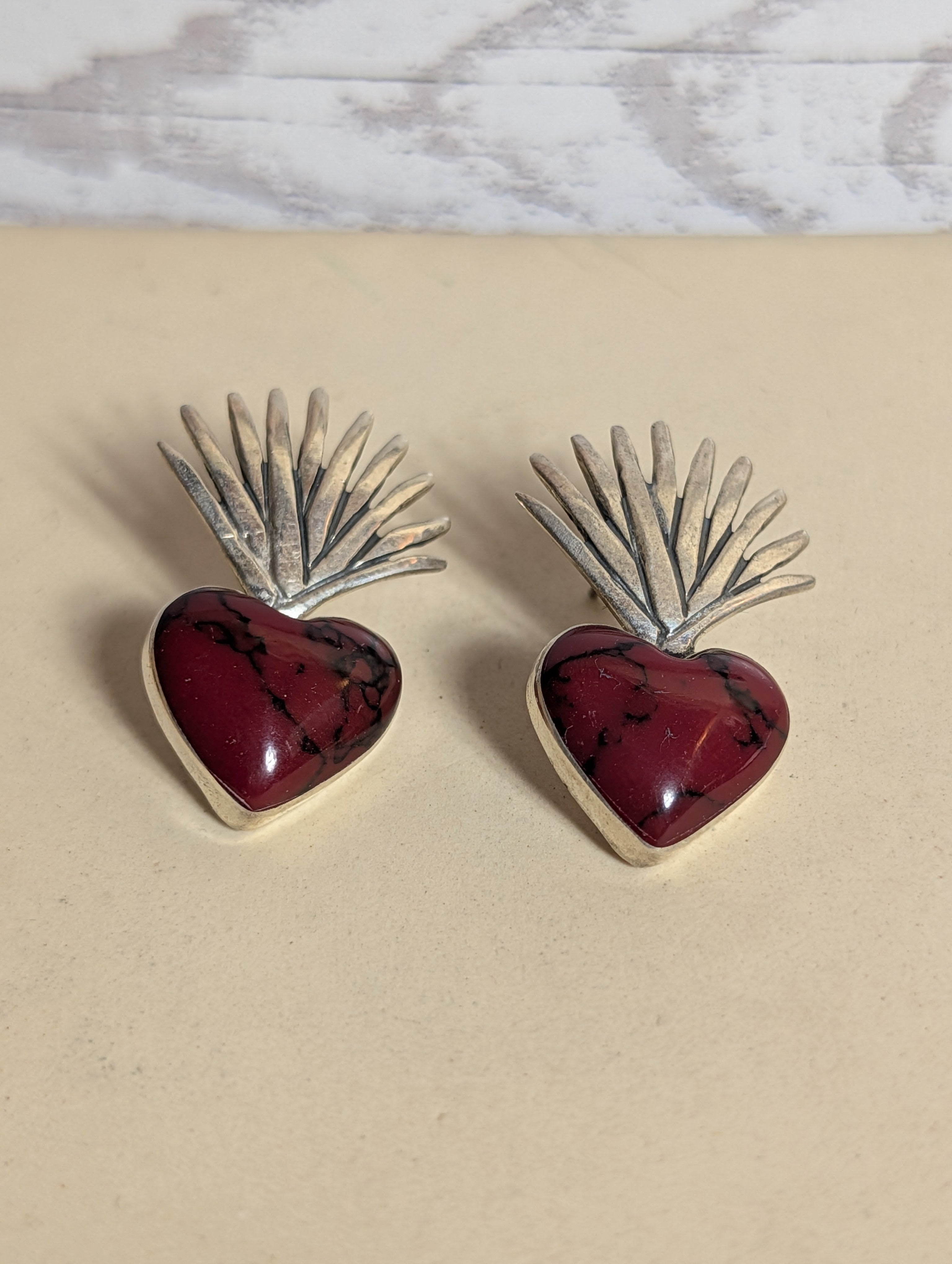 Red Coral Heart Shaped Sterling Silver Earrings