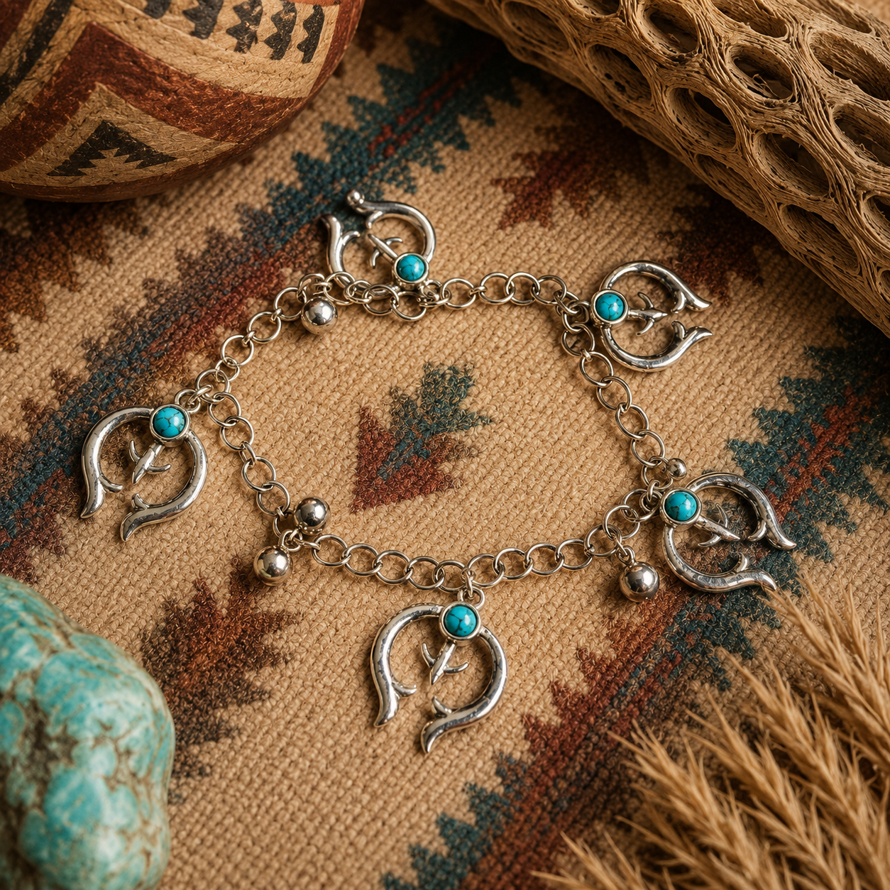 Handcrafted Southwestern Style Turquoise Spirit Arrow Sterling Silver Charm Bracelet