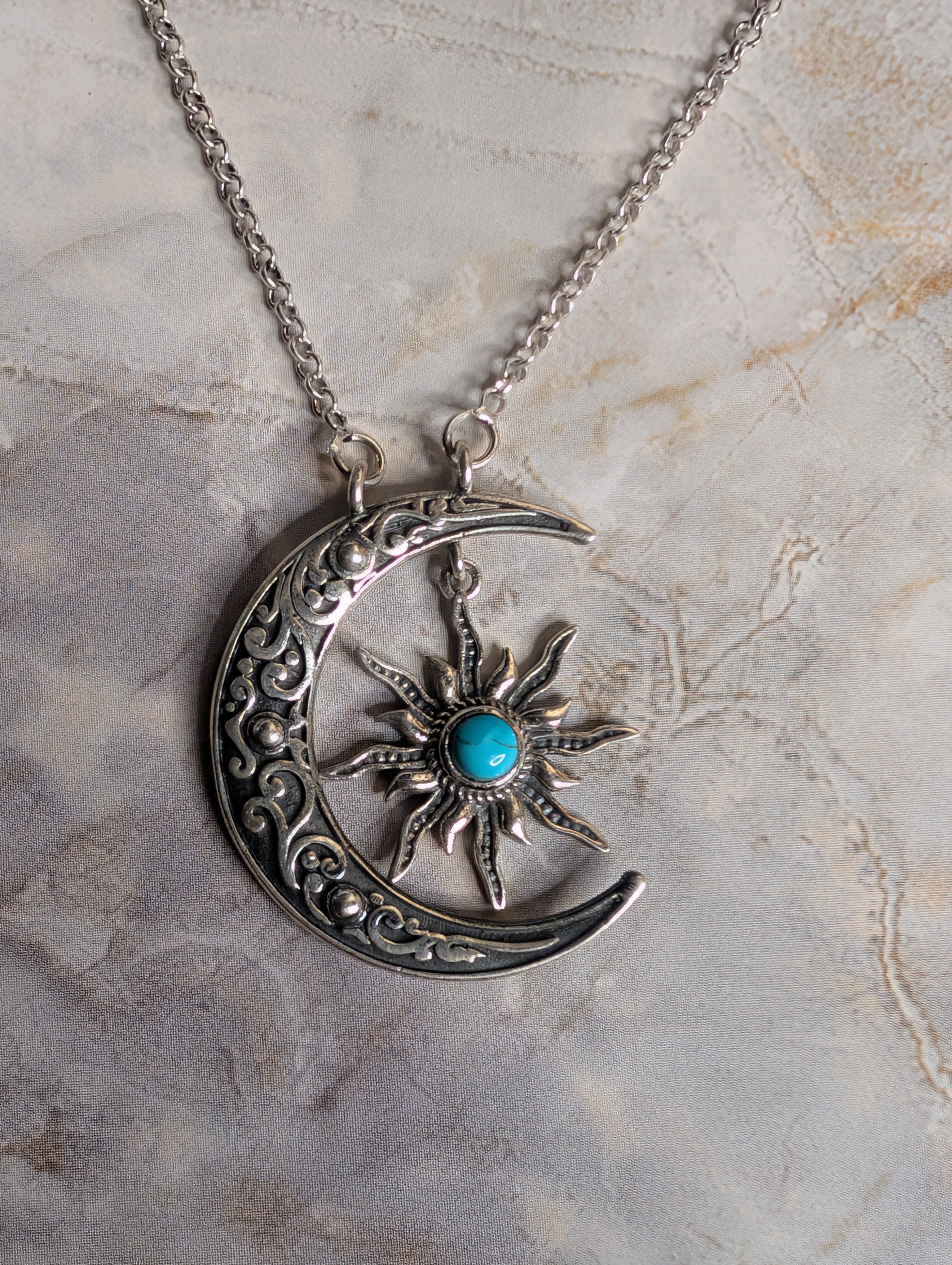 Kingman Turquoise Crescent Sterling Silver Moon and Star Necklace