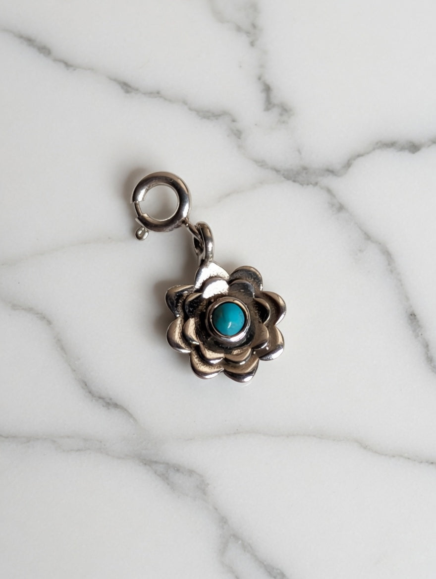 Sterling Silver Southwestern Style Flower Charm With Turquoise