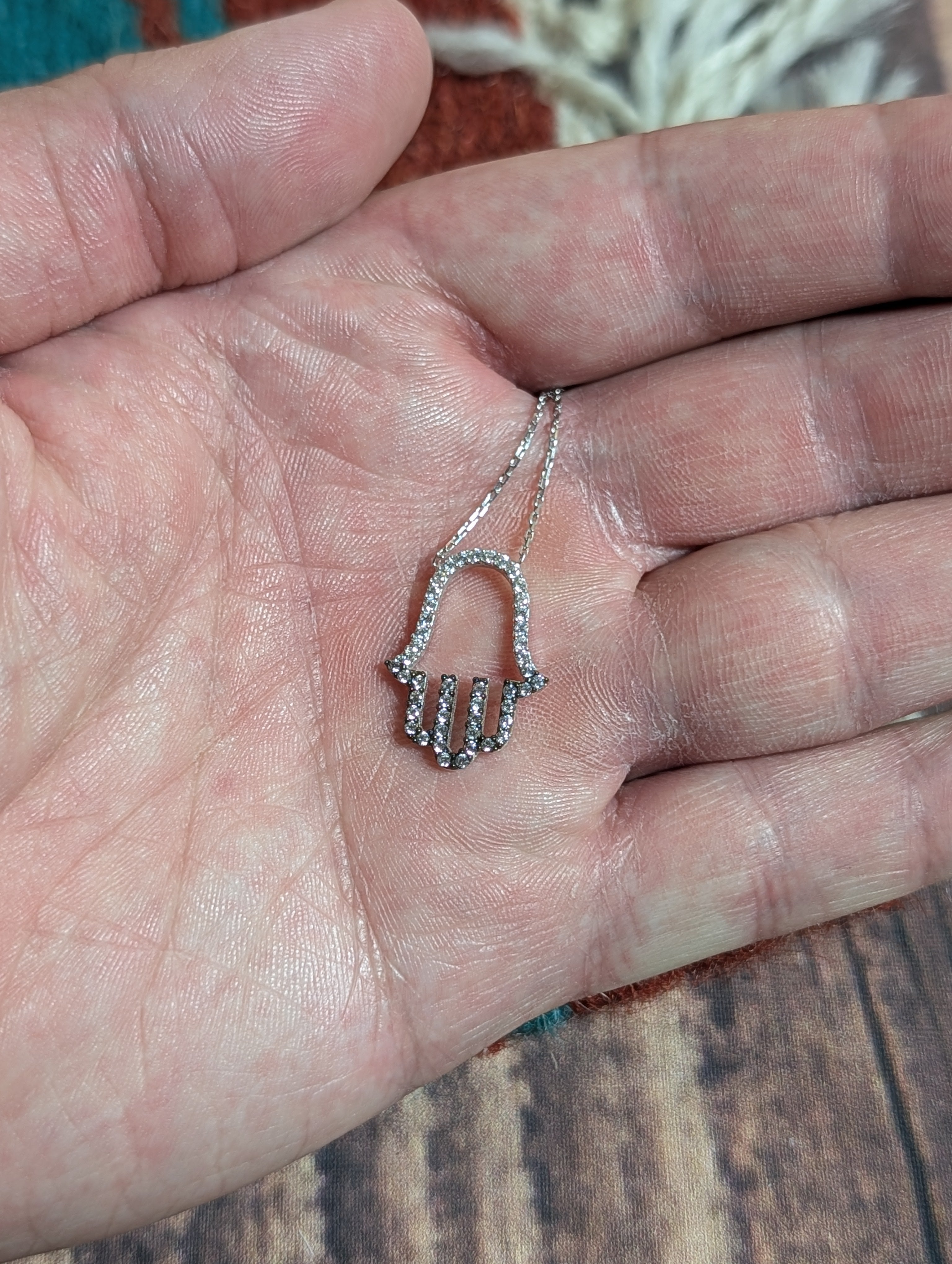 Hamsa Hand CZ Outline Small  Pendant On Sterling Silver Necklace