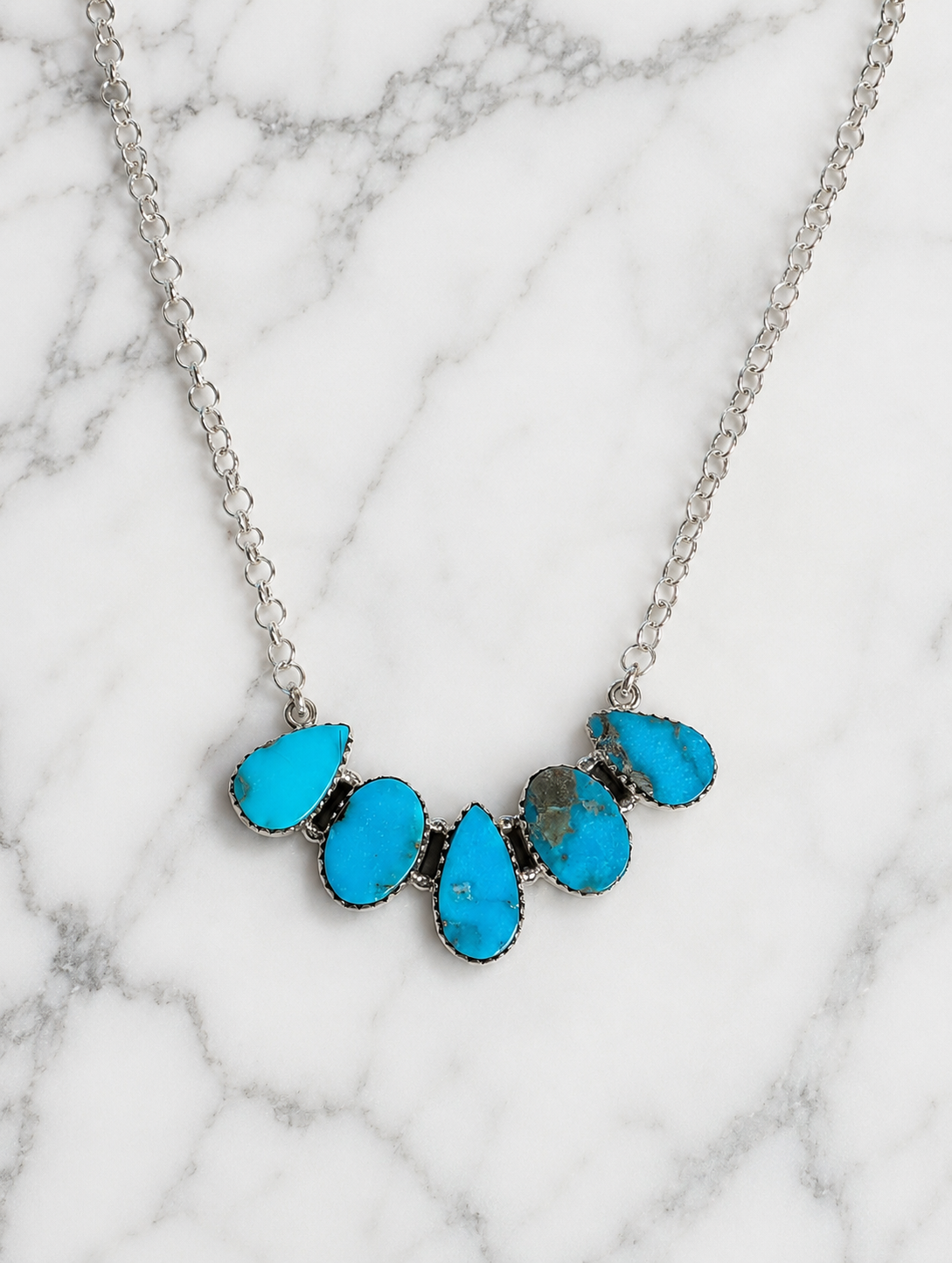 Kingman Turquoise Five Stone Sterling Silver Tear Drop Cluster Bar Necklace