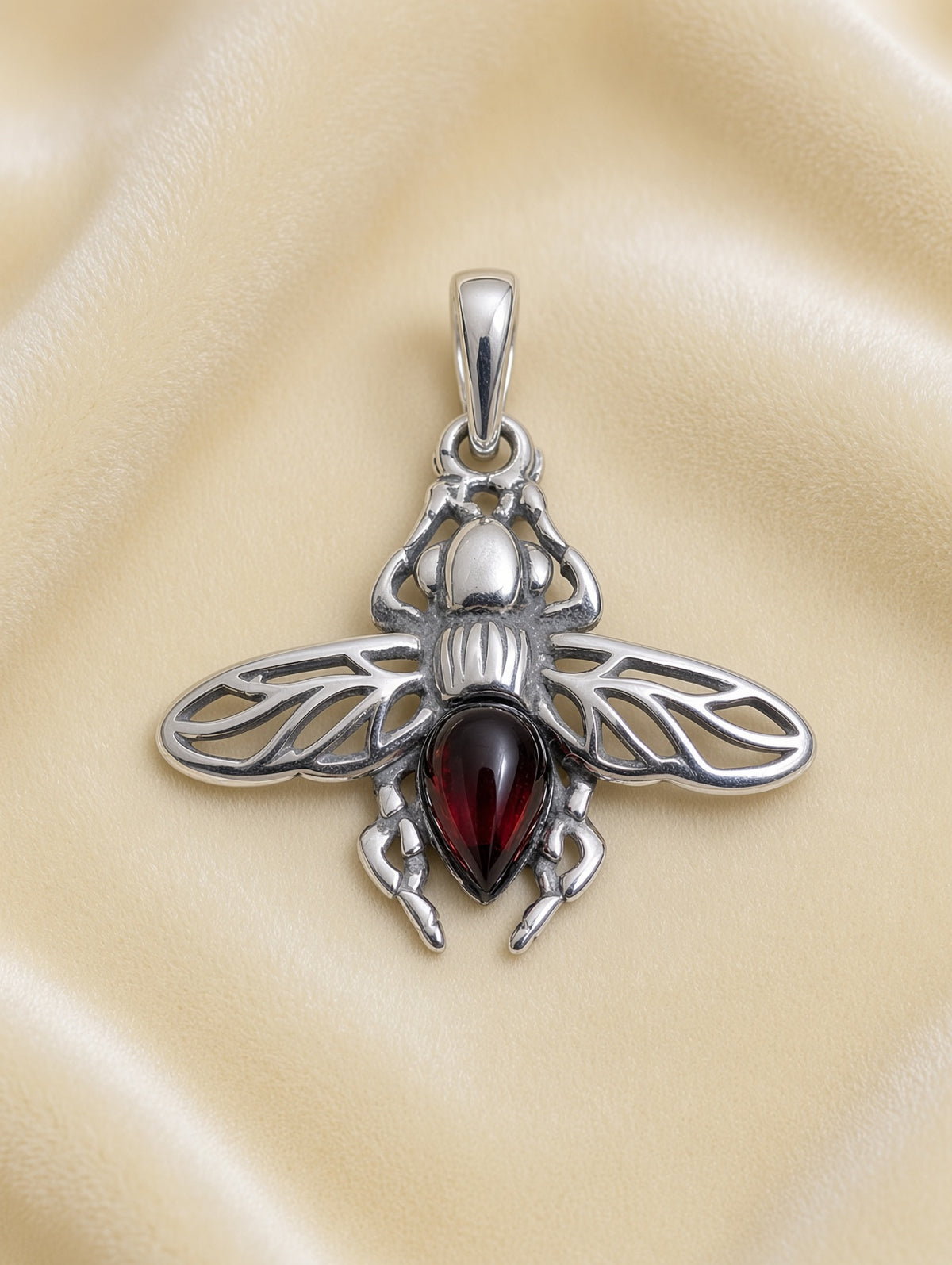 Handmade Bee Red Honey Cognac Cabochon & Sterling Silver Pendant