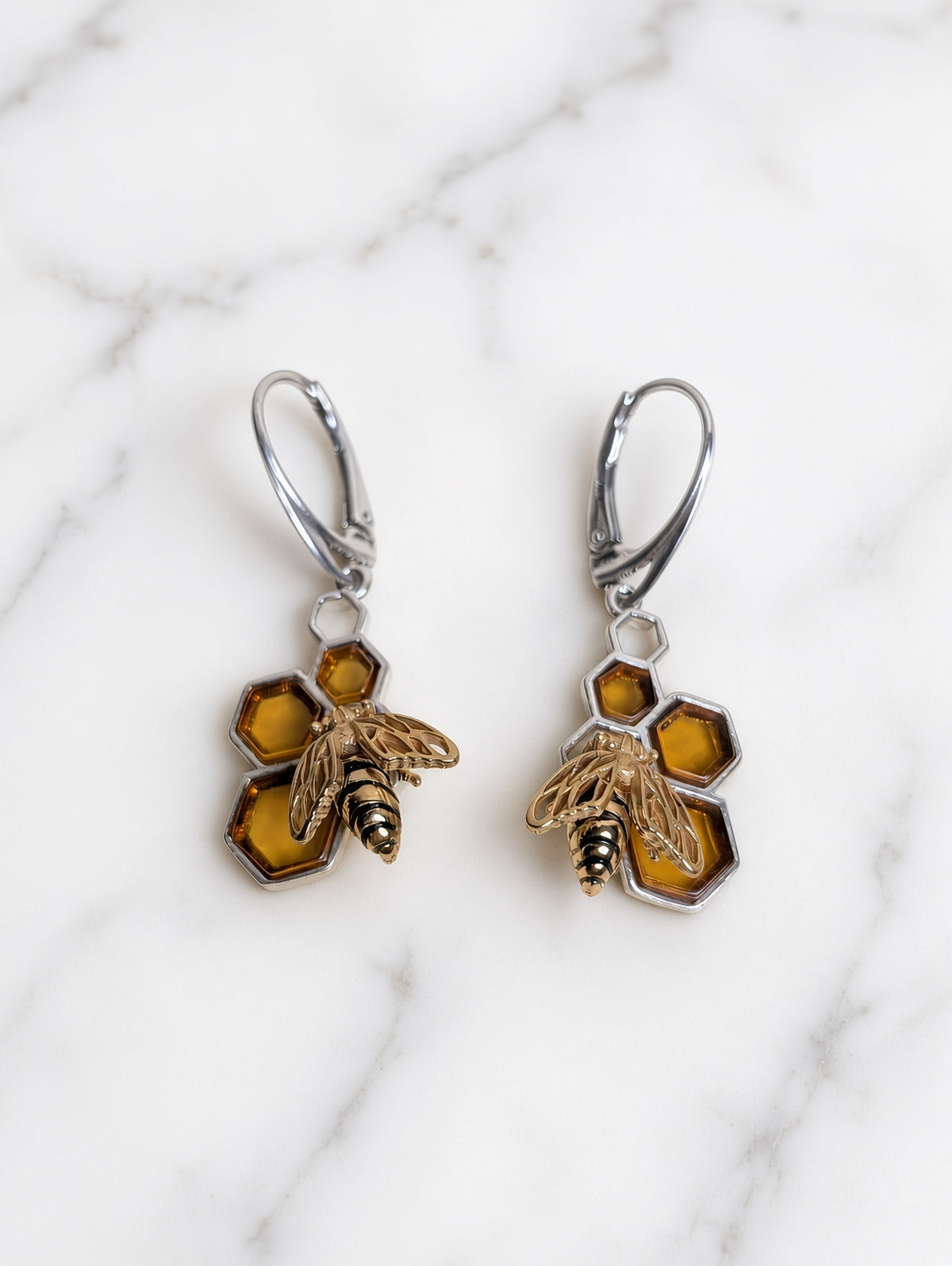 Handmade Bee Honeycomb Honey Cognac Cabochons & Sterling Silver Leverback Earrings